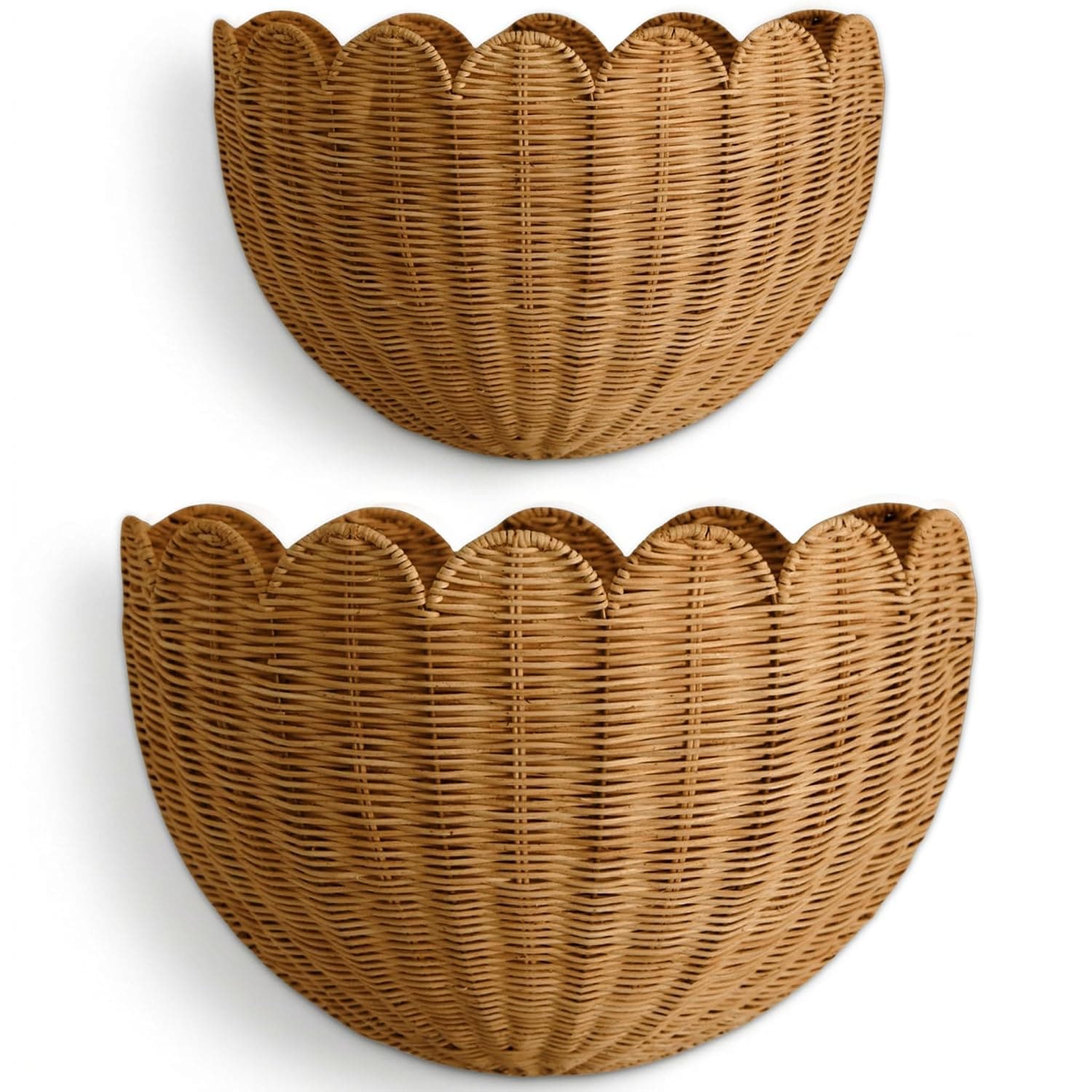 BEBE BASK The Original Scalloped Wicker Wall Basket – Set of 2 – Handwoven Scalloped Wall Baskets (16 x 10 x 7 in), Woven Rattan Wall Hanging Baskets - Mocca Scalloped Basket