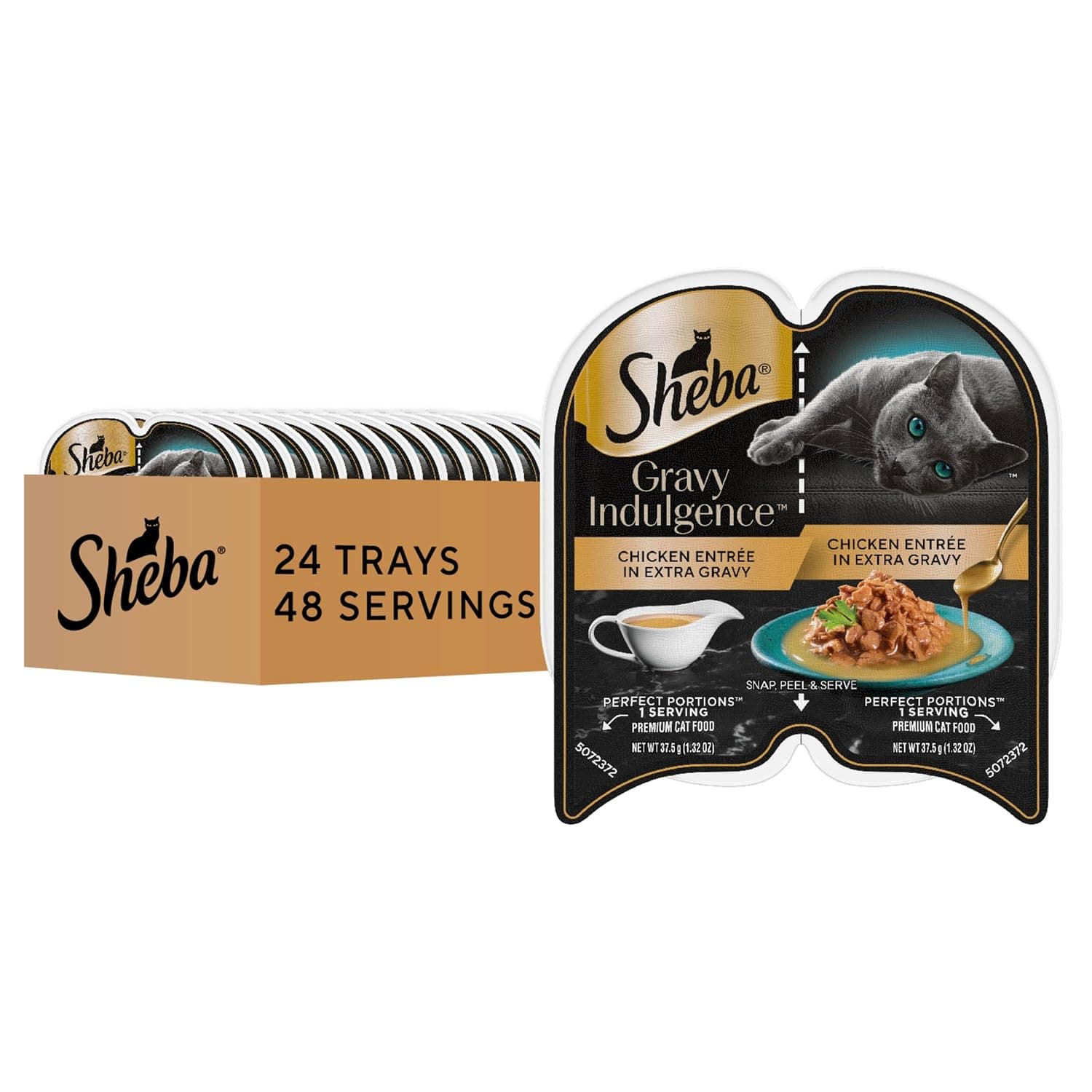 Sheba Gravy Indulgence Adult Wet Cat Food (24 Count, 48 Servings), Chicken Entrée in Extra Gravy, Easy Peel Twin-Pack Trays | Grain-free, 70% gravy, real chicken, no fillers, complete & balanced all life stages, 48 servings, twin-pack trays