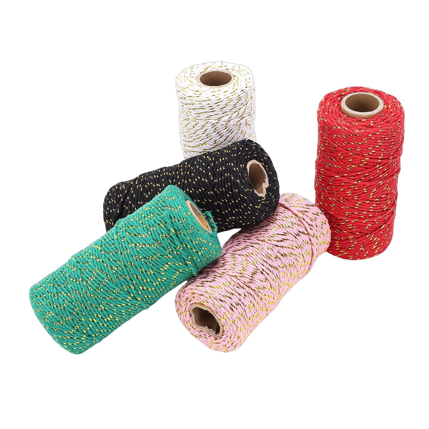 Cotton Bakers Twine 5 Rolls 2mm Colored String with Gold Wire for Gift Wrapping Baking and DIY Crafts High Strength Cotton Cord for Xmas Wedding Decor