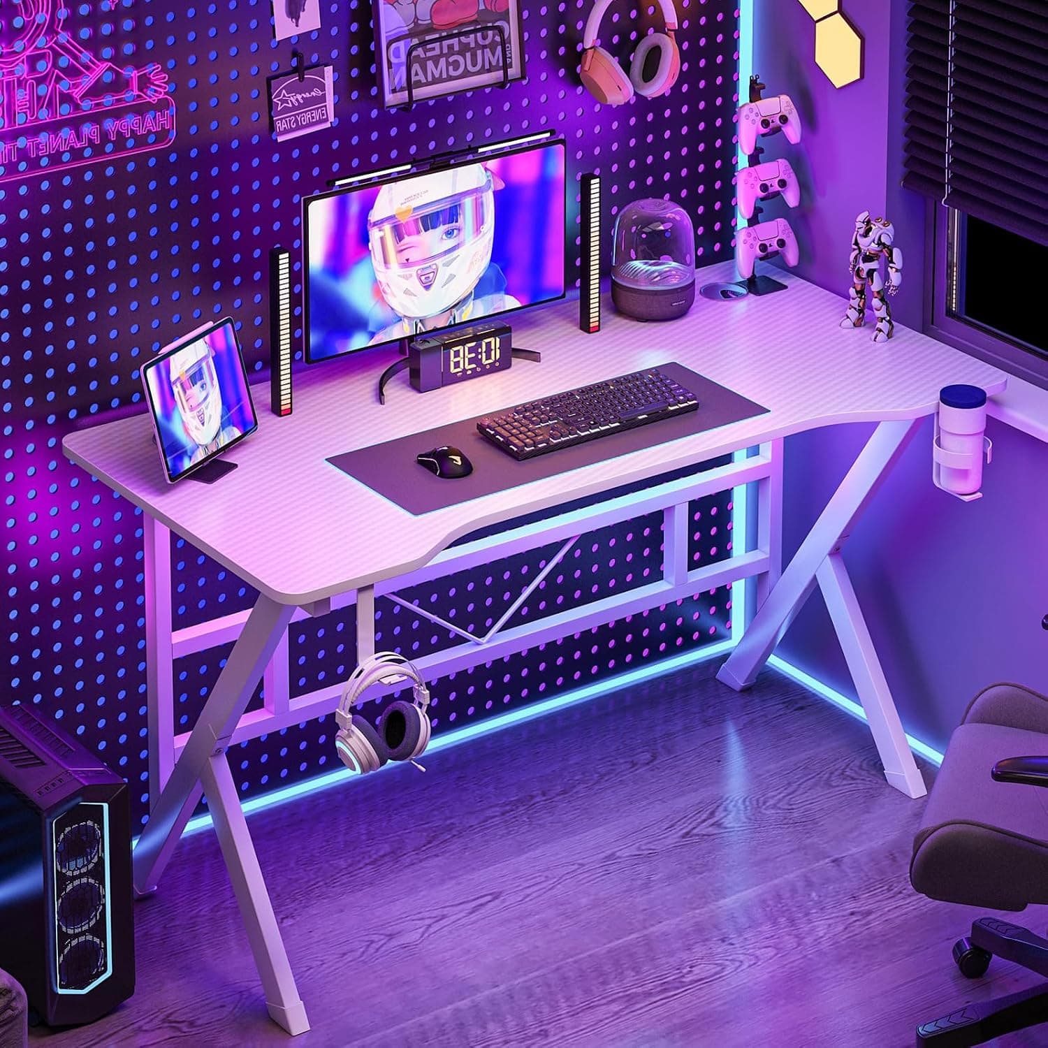 Gaming Table, K Shaped Computer Table with Carbon Fiber Surface, Desk Tables with Cup Holder and Headphone Hook, Study Table PC table Fit in Study, Home Office and Gaming Area (White, 110*52*75CM)