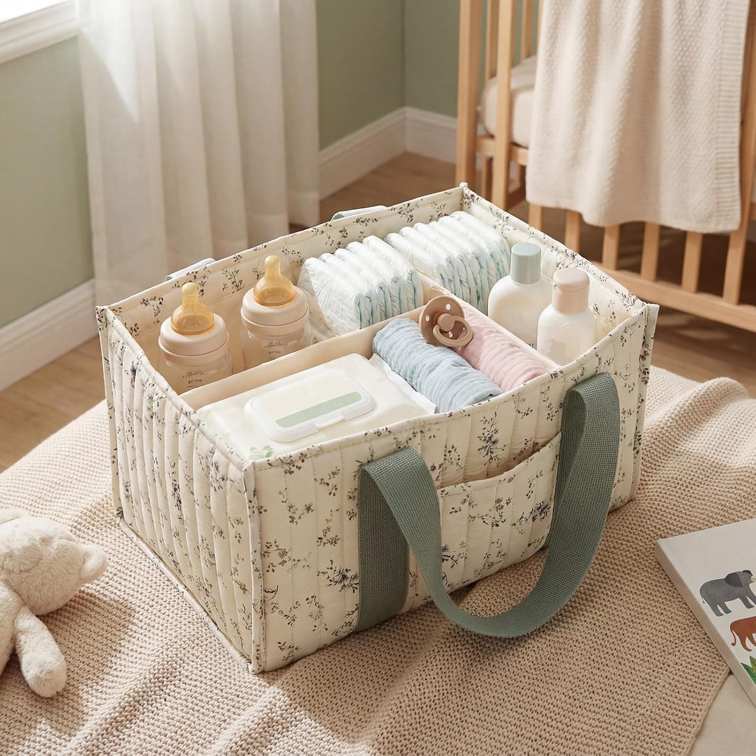 Baby Nappy Caddy Organiser Portable Nursery Storage Basket with Removable Dividers Foldable Diaper Tote Bag for Changing Table & Car Travel Newborn Essentials