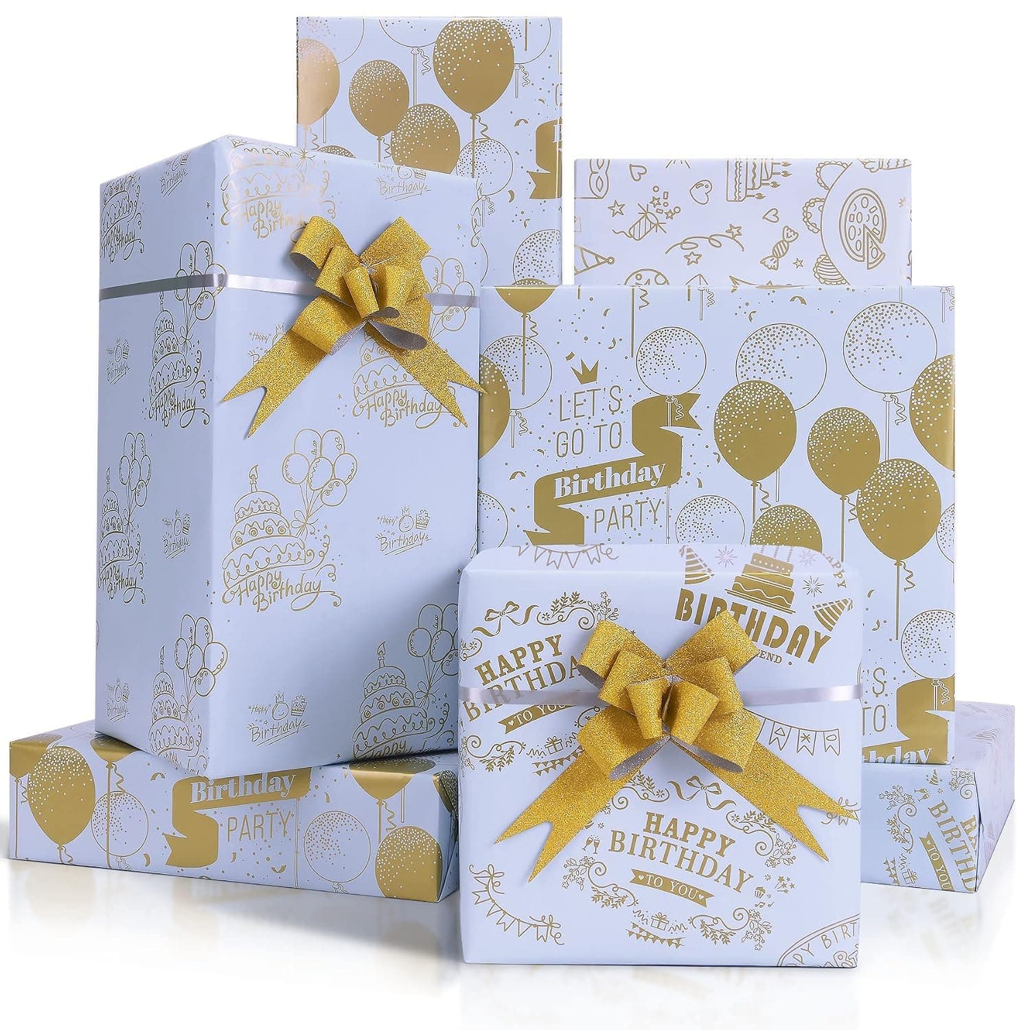 Birthday Wrapping Paper, Gold Print Blue Gift Wrapping Paper with 10 Pull Bows, Metallic Balloon Cake Happy Birthday Wrapping Paper, Recyclable Gift Wrap Set for Girls, Boys(8 Sheets, 70X50cm)