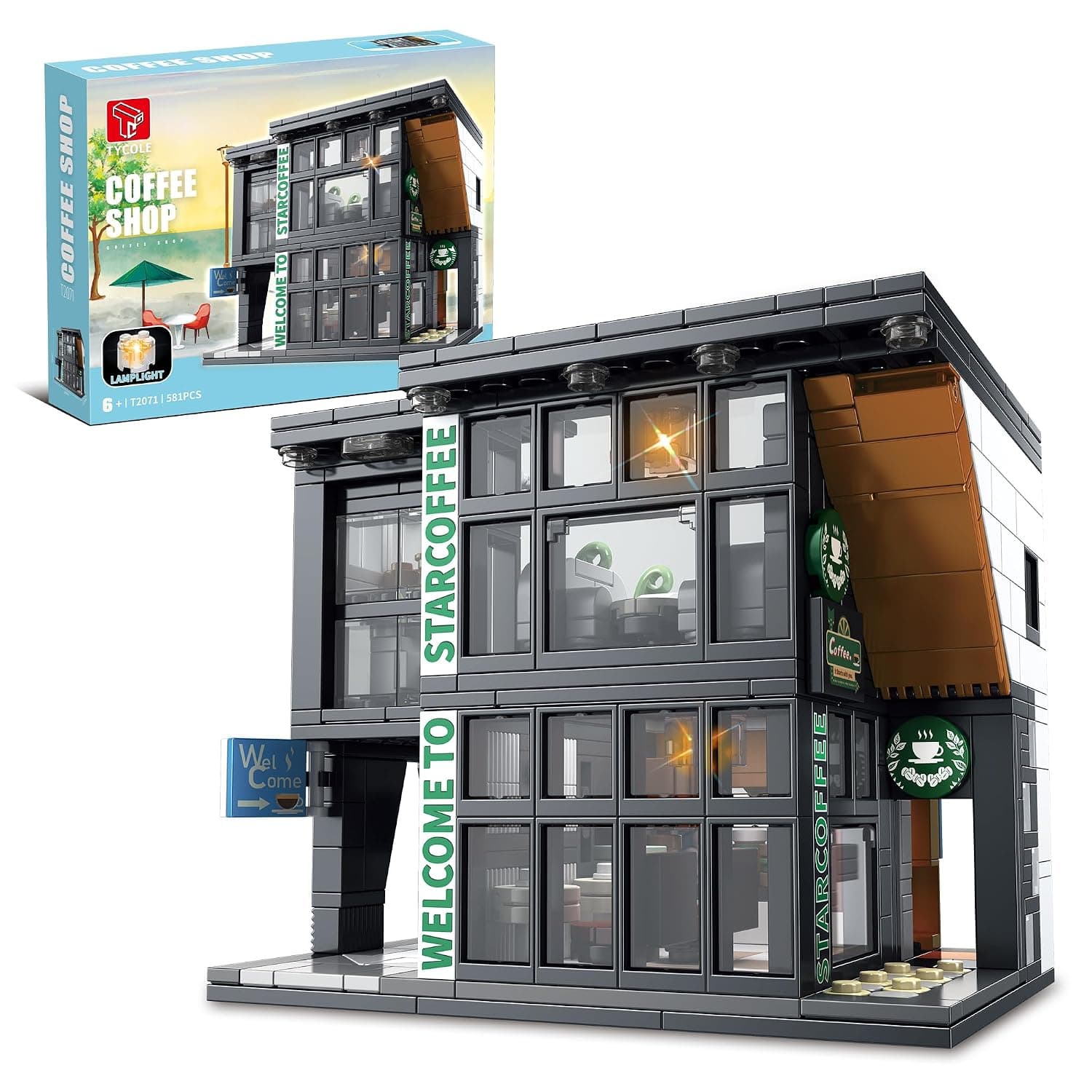 TYCOLE City Coffee Shop Building Block Set, 581PCS Architecture Model with Lights for Display & Decor, Realistic Cafe Toy, Christmas/Birthday Gift for Adults & Kids 8-12