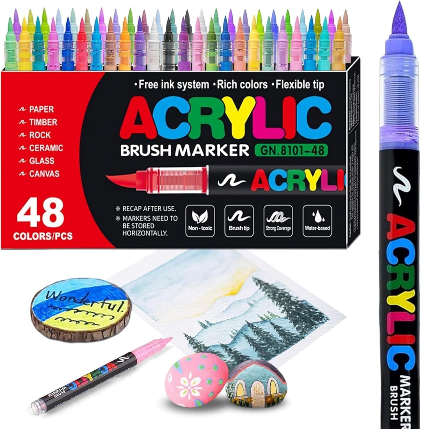 【48 Colors 】Acrylic Paint Pens,Soft Brush Tip Acrylic Markers,Quick-Drying Waterproof paint Markers for Canvas, Wood, Metal, Ceramic, Stone, Egg, Rock Painting and DIY Art Crafting