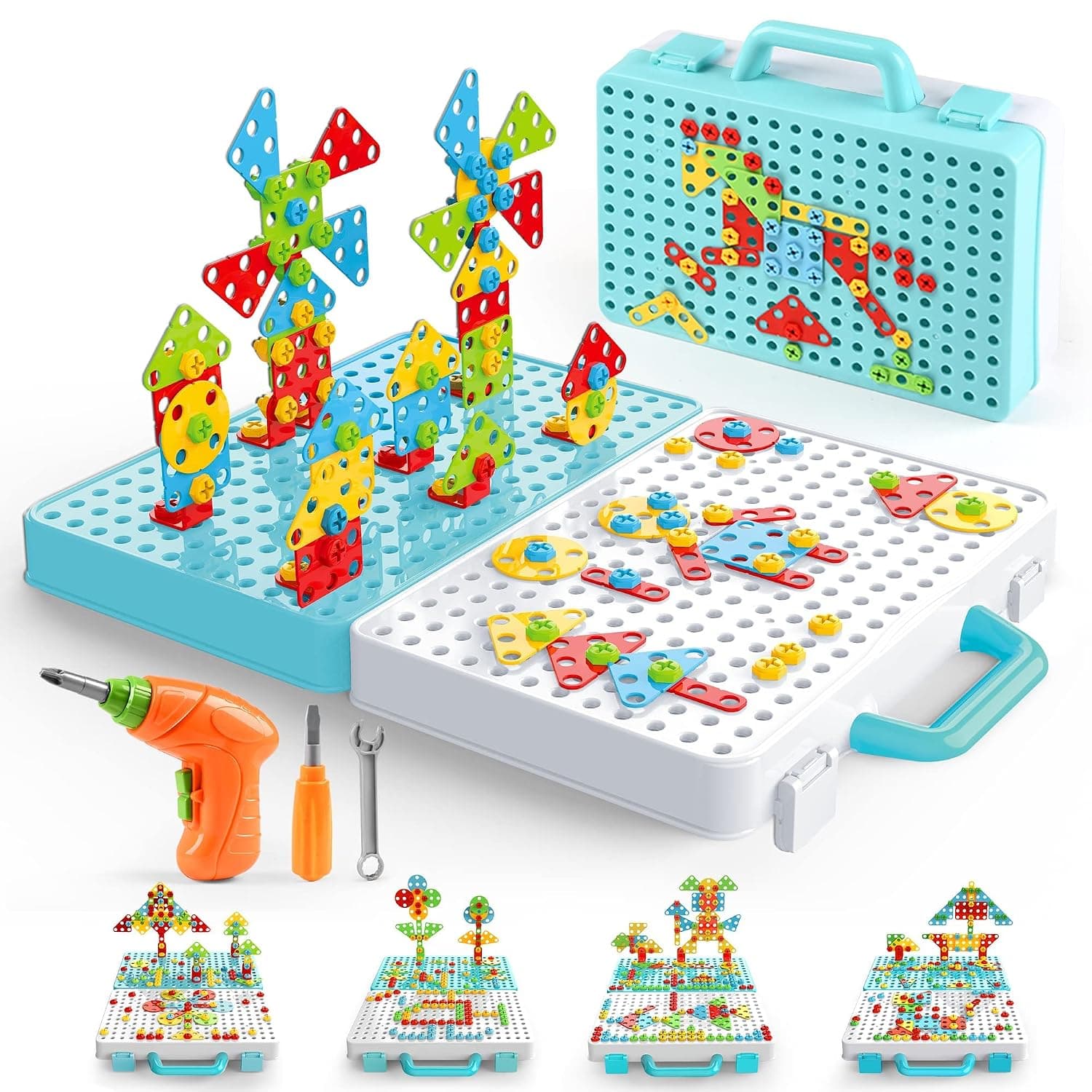 Mosaic Drill Toys, Creative Mosaic Puzzle Toy with Electric Drill STEM Learning Toys Construction Engineering Building Block Games with Toy Drill & Screw Driver Tool Set