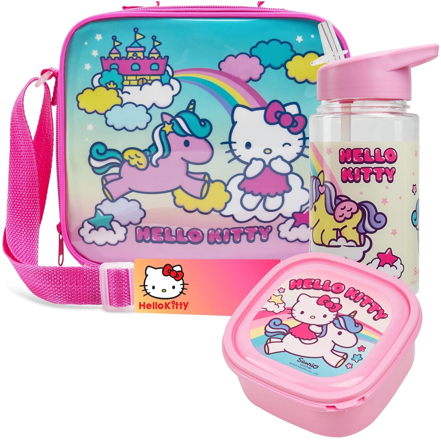 Get Trend Hello Kitty Lunch Bag Set for Kids Kawaii 3 Pcs with Snack Lunch Box BPA Free 400ml Water Bottle Insulated Bag Travel Picnic Nursery School Supplies (Hello Kitty)