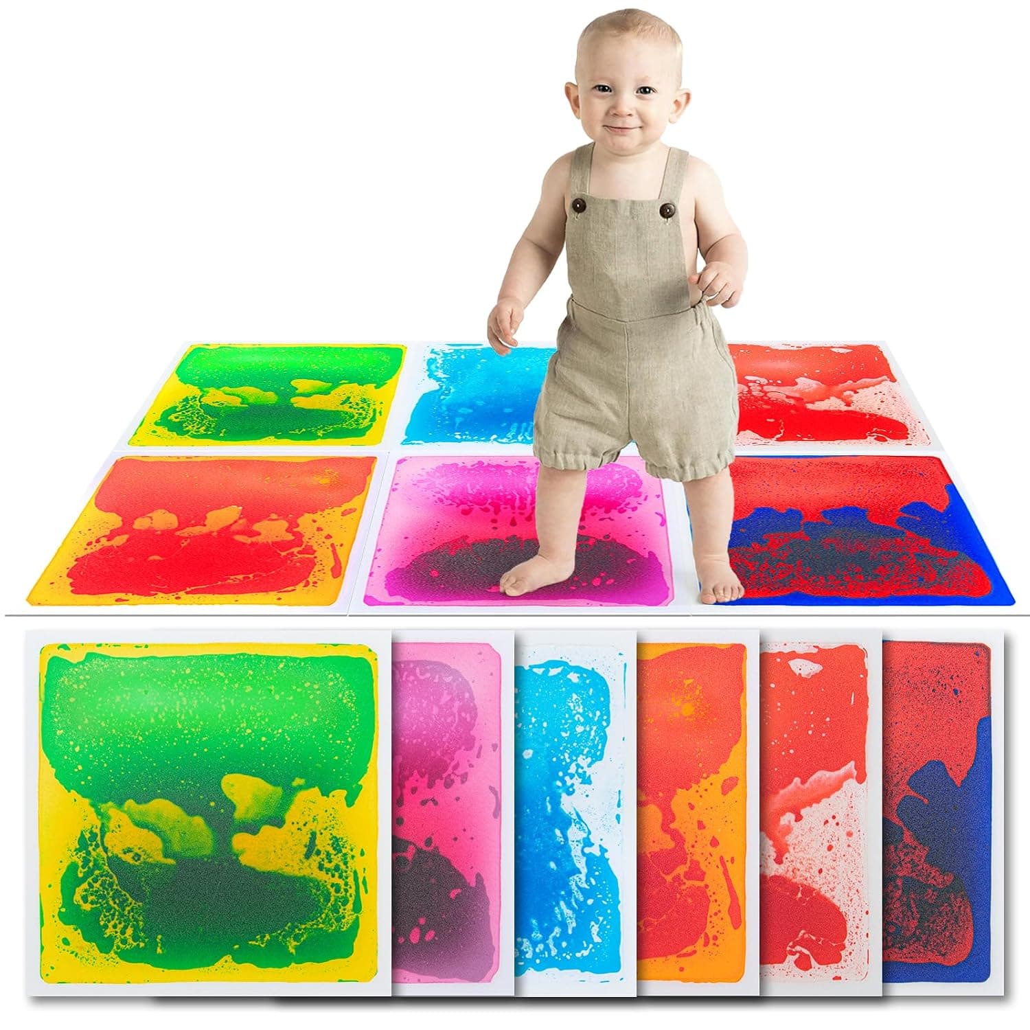 Art3d 6-Pack Square Liquid Sensory Floor Activity Tiles, 11.8 x 11.8 Inch | Waterproof, Anti-Slip, Boost Focus, Color Recognition, Easy to Clean, Suit Little Kids & Teens, Ideal for Home, School