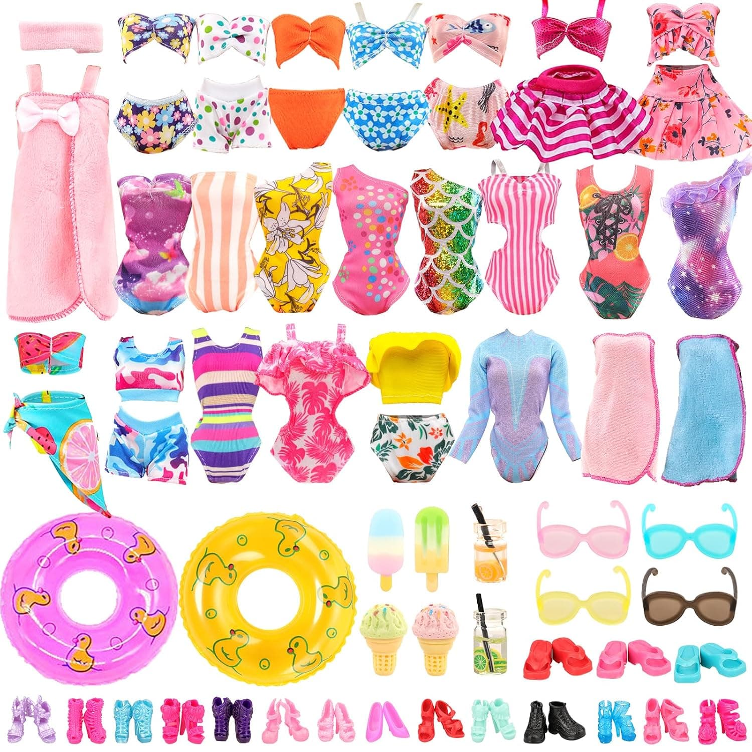Lot 26 Pack 11.5" Doll Swimsuit and Summer Accessories Beach Bathing Set | Including 5 Swimsuit 1 Bathrobe 2 Swimming Rings with 18 pcs Glasses Shoes Drinks for 11.5 inch Girl Dolls