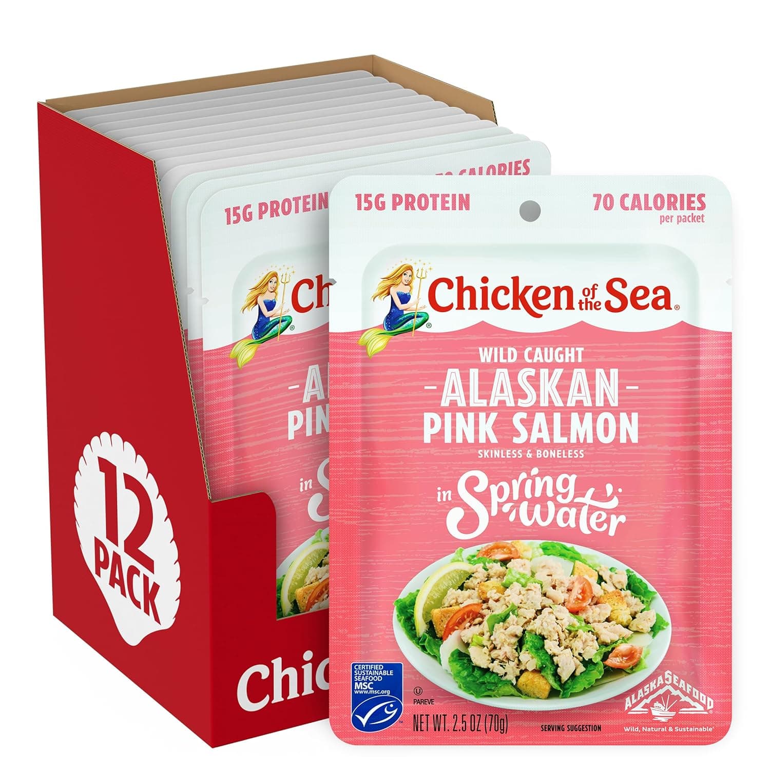 Chicken of the Sea Pink Salmon Skinless and Boneless in Pouch, No Preservatives, Non GMO, 2.5 Ounce (Pack of 12)