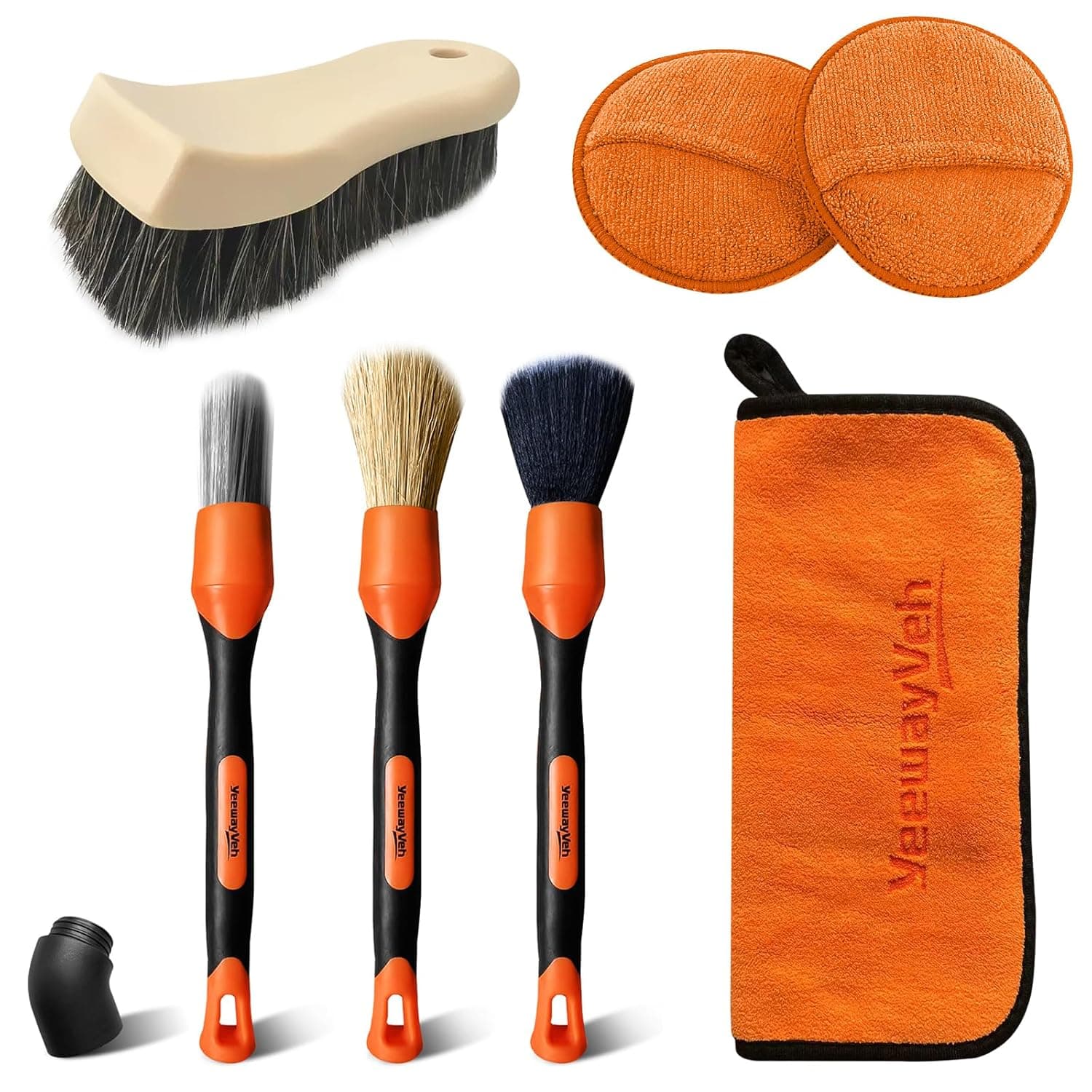 YeewayVeh Car Interior Detailing Set, 7PCS Soft & Scratch-Free Deep Cleanning Brushes, Tire Dressing Applicator and Microfiber Cloth for Car Interior & Seats Leather Car Wash Kit, Orange