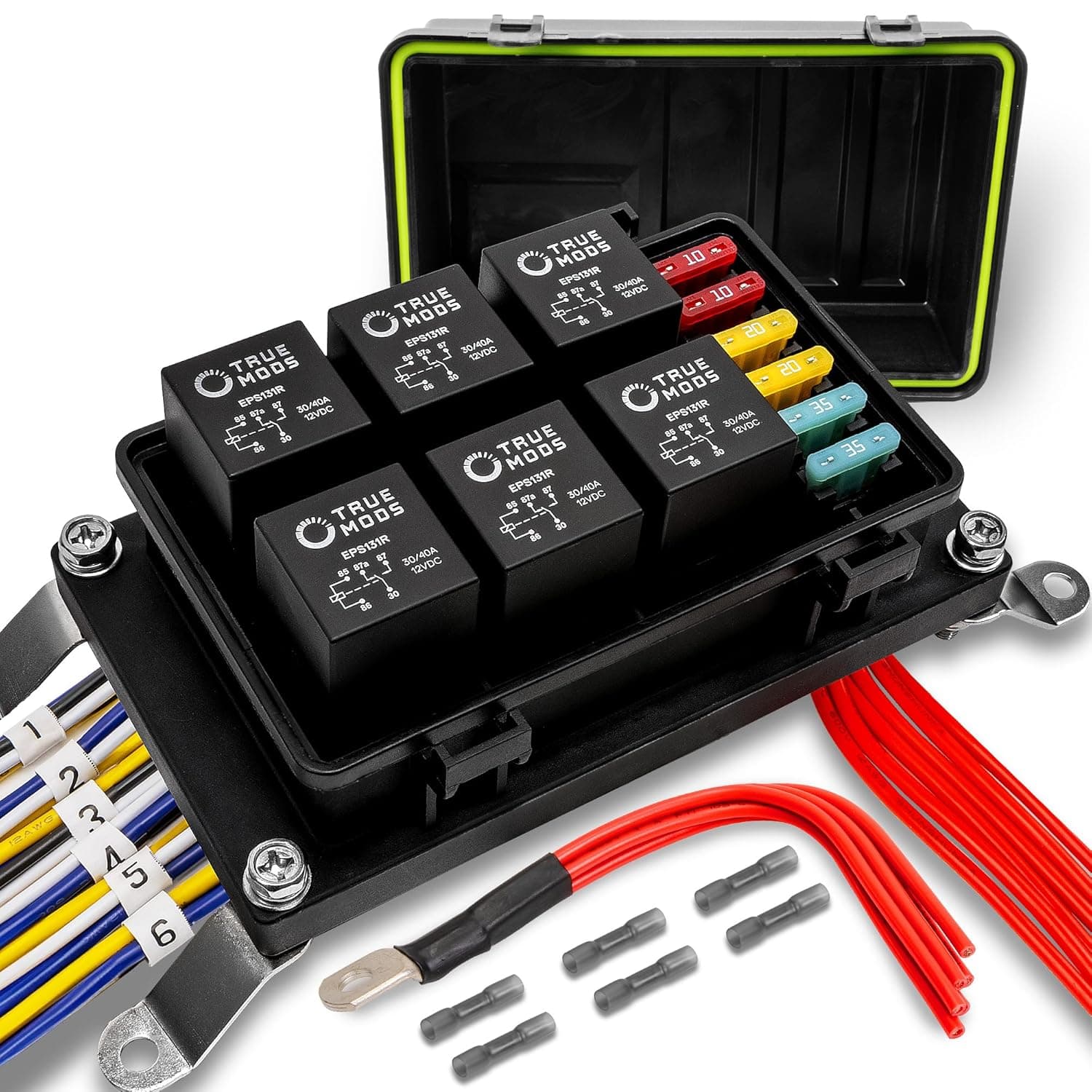 12V Auto Waterproof Fuse Relay Box Block Kit w/ 12AWG + 16AWG Pre-Wired Harness [6 Bosch Style Relays & 10 Fuses Included] Universal Relay Panel for DC Automotive Vehicles Cars Marine Boat Jeep