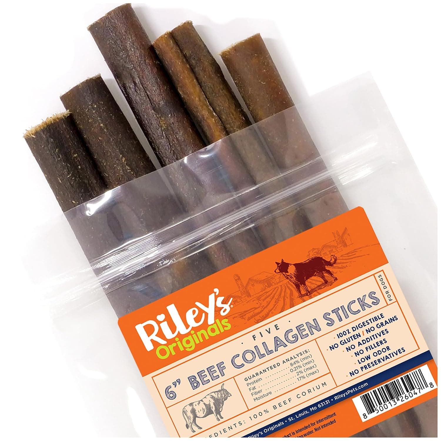 Riley's 6" Beef Collagen Sticks for Dogs - 100% Natural Beef - 5ct
