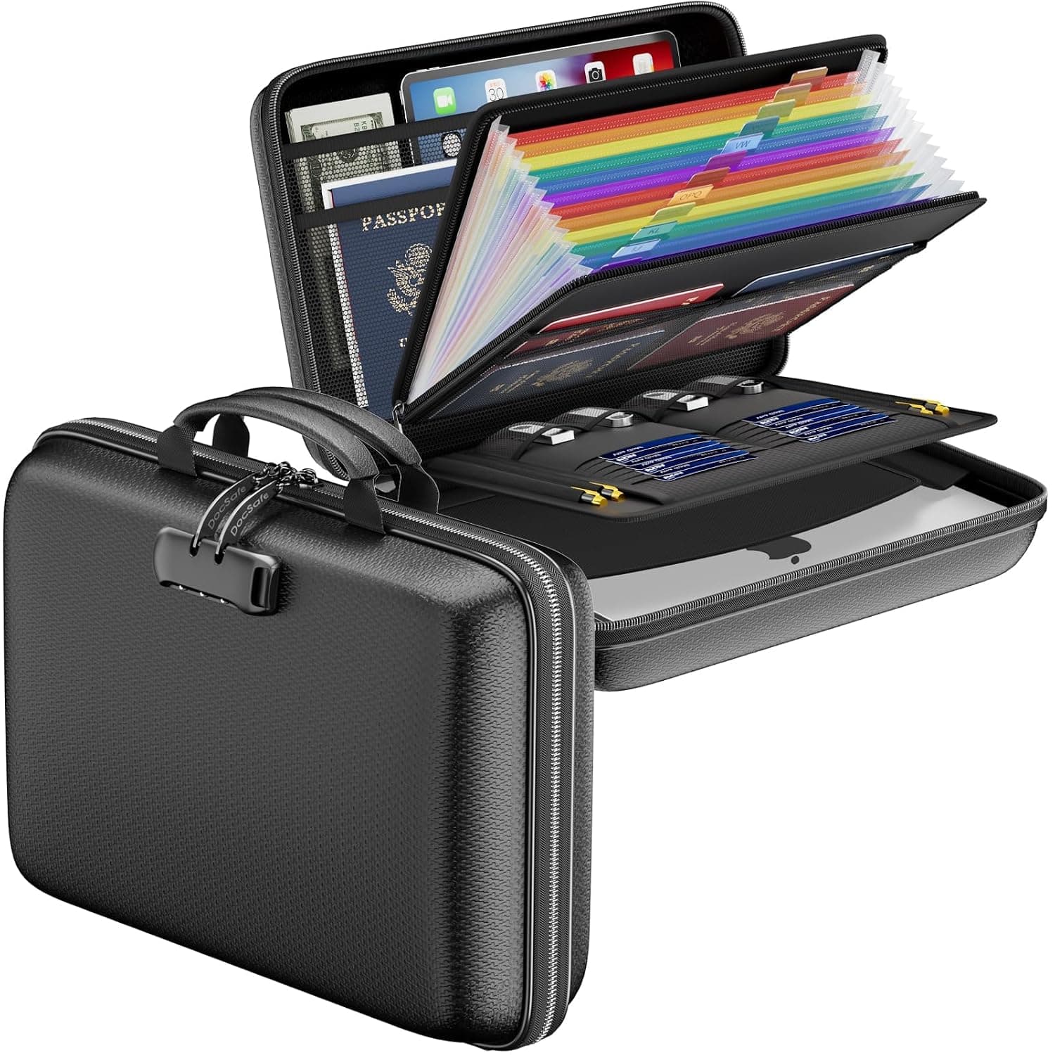 Fireproof File Organizer with Lock, Hard-Shell Case Fireproof Document Box with 13 Pocket Accordion File Folder, Portable Home Office Travel Safe Storage for Important Documents Laptop Black