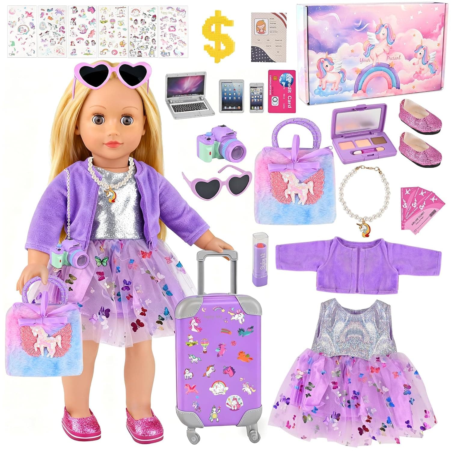 Faburo 28Pcs American 18 Inch Doll Clothes Accessories Stuff, No Doll | Tote Bag Set for 18" Dolls Including Suitcase, Jacket, Sequin Skirt, Shoes, Camera, 6 DIY Stickers Toy Stuff Furniture