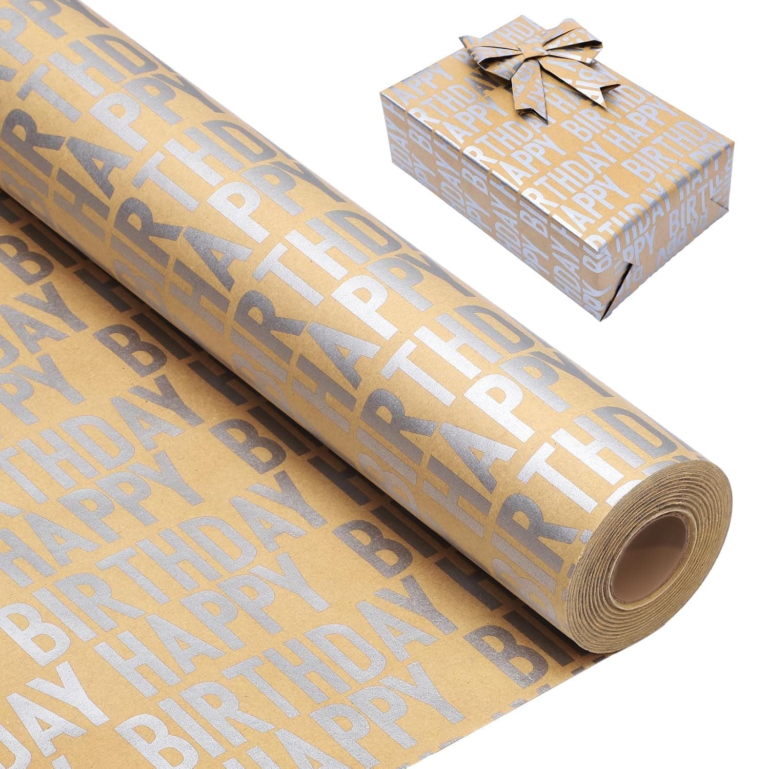 Silver Birthday Wrapping Paper Roll 43cm x 3m, Brown Kraft Gift Wrap Set with Stickers and Paper Rope, Happy Birthday Wrapping Paper for Boys, Girls, Men and Women Party Gifts