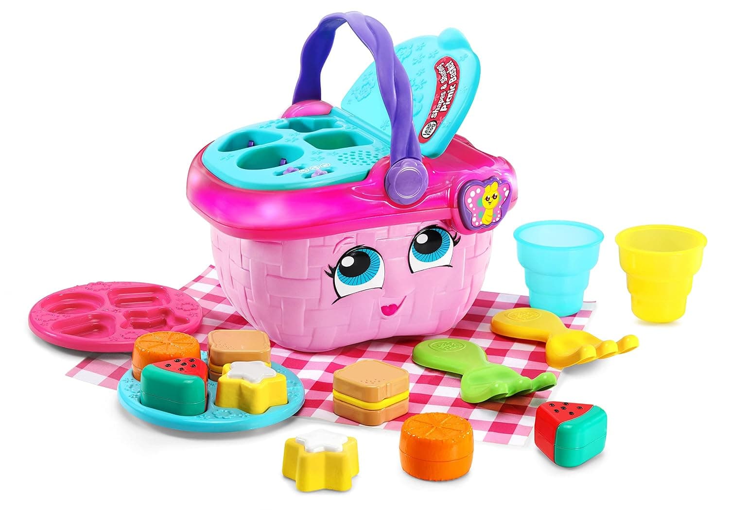 LeapFrog 603603 Shapes & Sharing Picnic Basket Baby Toy Educational and Interactive 16 Pieces for Creative and Learning Play For Boys & Girls 6 months, 1,2,3 Year Olds, Pink, One Size | Picnic basket with 16 food pieces for sharing role-play while learning foods, shapes and colours. Ages 6+ months