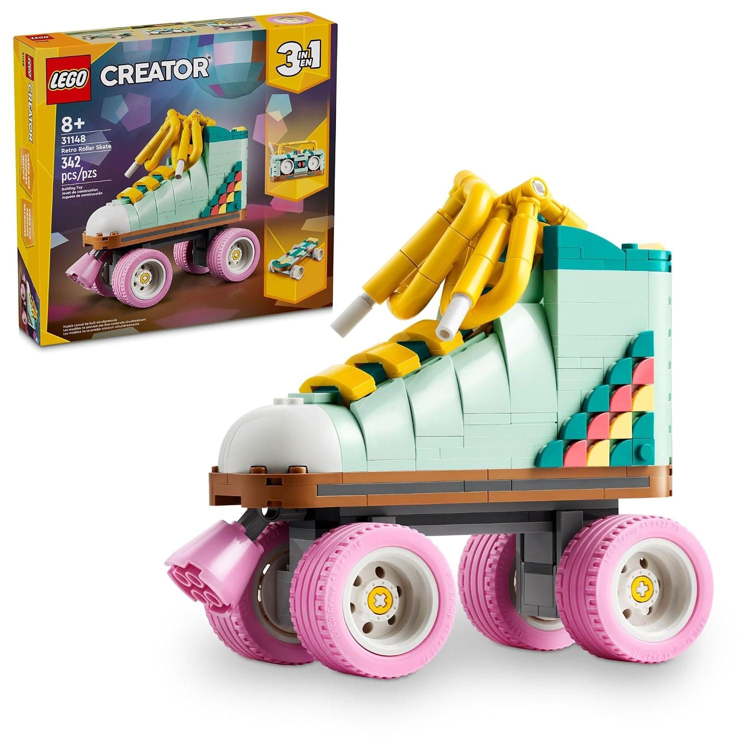 Lego Creator 3 in 1 Retro Roller Skates Building Kit Transforms from Roller Skate Toys to Mini Skateboard, Boombox Radio, Birthday Gift for Skater, Cool Toy for Boys and Girls Ages 8+ 31148