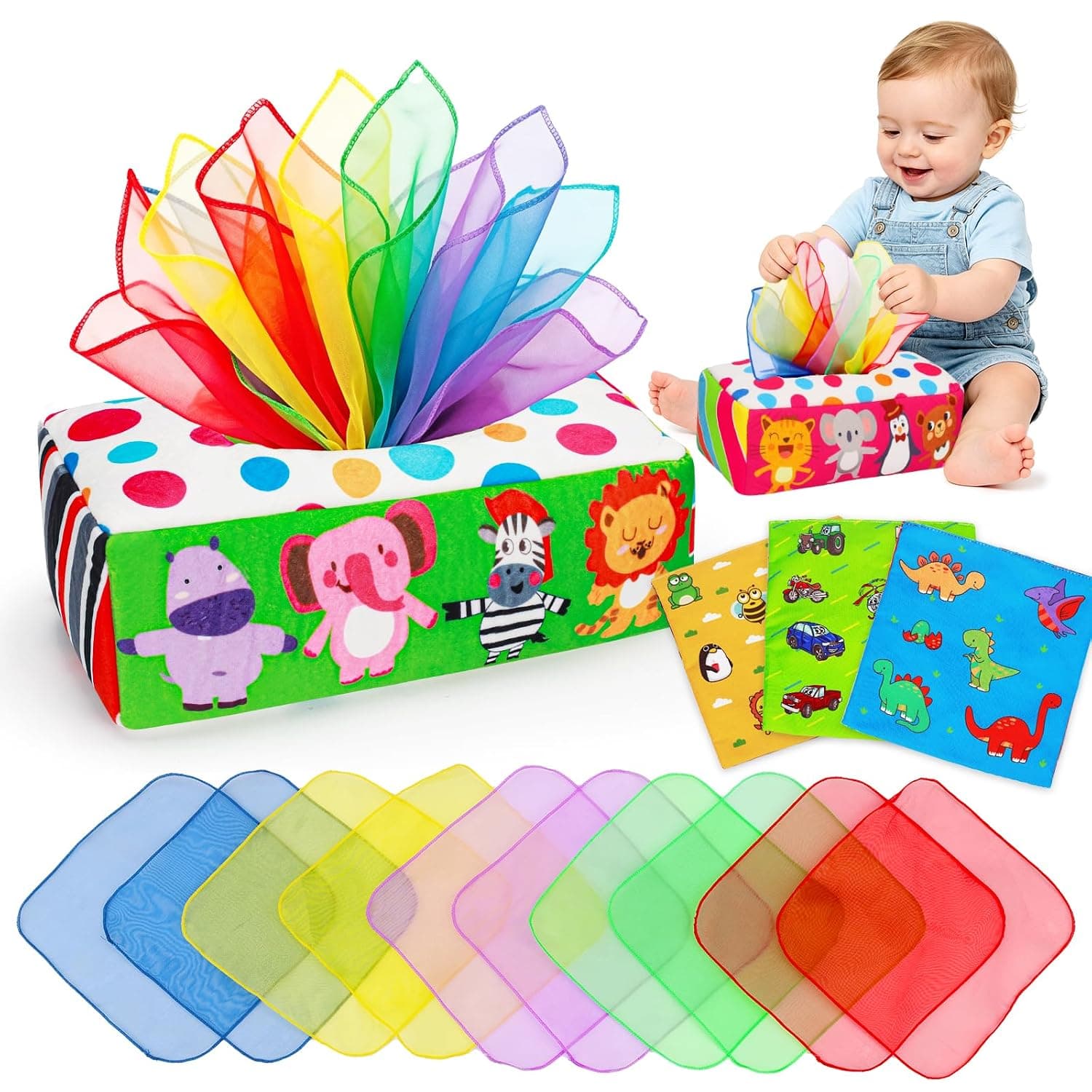 Baby Tissue Box Toy Montessori Toys for 6 7 8 9 12 Months Babies Infant Toys 0-6 6-12 Month Baby Sensory Toys Magic Tissue Box with Crinkle Toys Scarves Developmental Gift for 1 2 Year Old Boys Girls | Pulling Sensory Game,Crinkle Sound Tissues, Babies Boy Girl Must Haves, 1 Year Old Baby Shower & Birthday Gifts