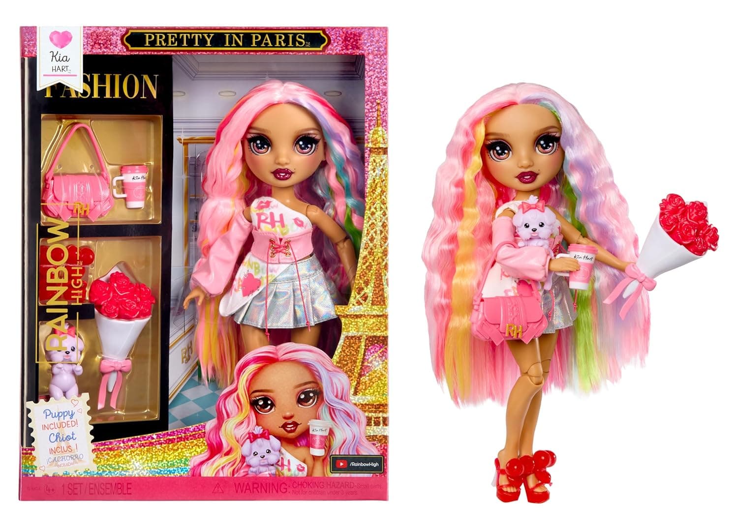 Rainbow High Pretty in Paris Fashion Doll Kia Hart 28 cm Pink with Puppies Handbag Accessories Play Movable Collectible for Children 4 to 12+ Years