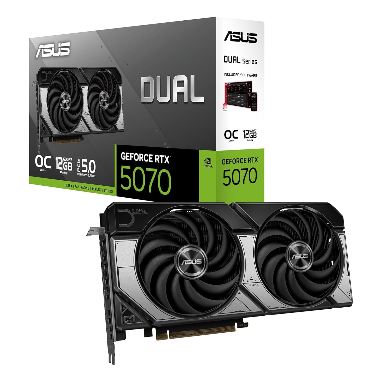 ASUS Dual GeForce RTX 5070 12GB GDDR7 OC Edition Gaming Graphics Card (NVIDIA Blackwell Architecture and DLSS 4, 2.5 Slot Design, SSF, PCIe 5.0, 3X DisplayPort 2.1b, 1x HDMI 2.1b, PRIME-RTX5070-O12G)