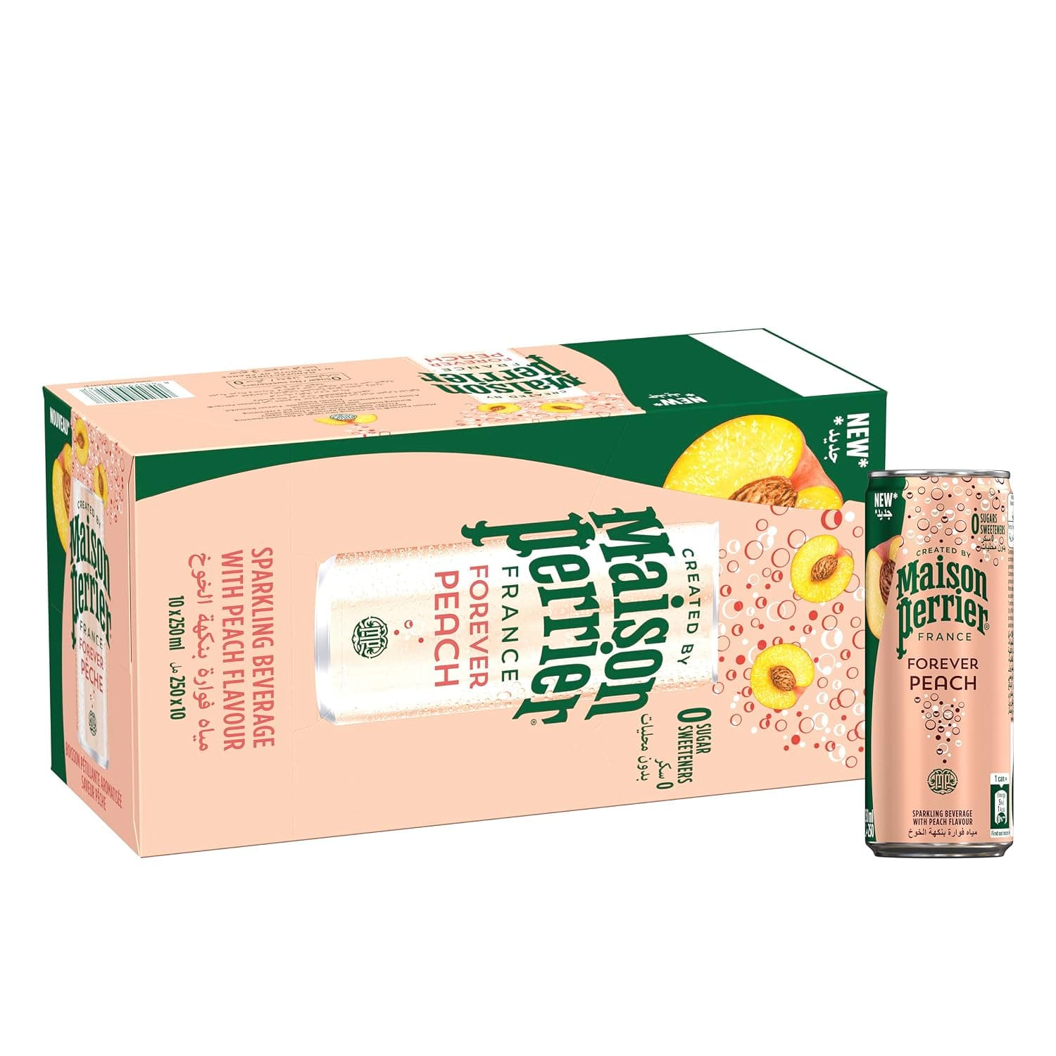 Maison Perrier Forever Sparkling Water Peach, Pack of 10x 250 ml Can, Zero Calories And Zero Sweeteners, Premium French Water Sparkling With An Elegant Style
