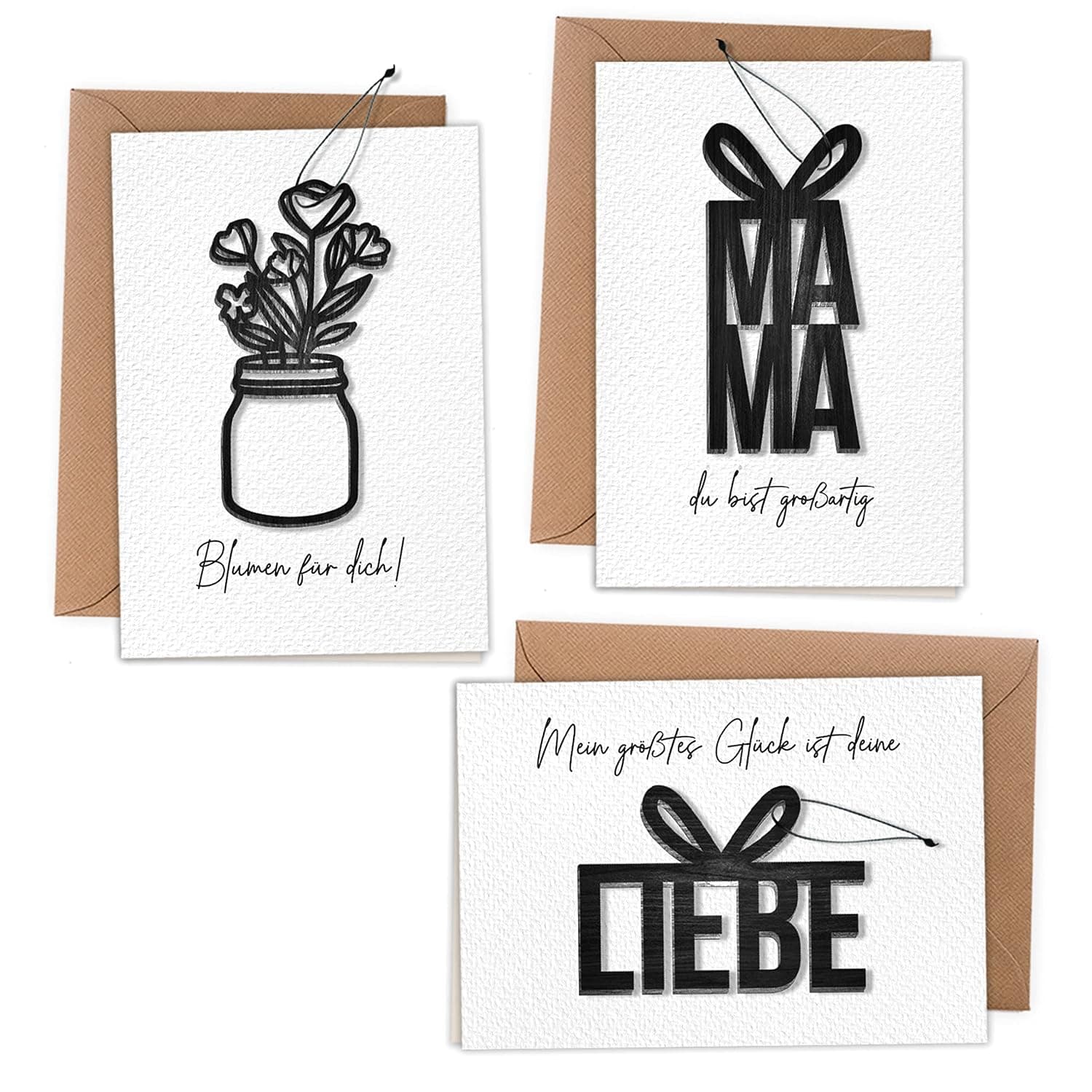 Papierdrachen Folding Cards with Wooden Cutouts in DIN A6 for Mother's Day – with 3 Black Wooden Tags and 3 Wrapping Paper Envelopes – for Writing on and Gifting – Mother's Day Gift