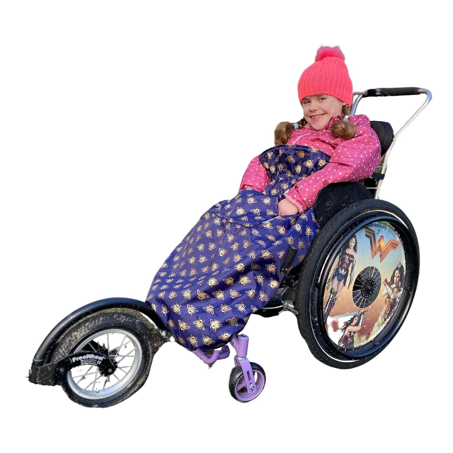 Bundlebean - 100% Waterproof Fleece Lined Wheelchair Cover - Kids Wheelchair Cosy - Universal Fit for Wheelchairs and Special Needs Buggies - Child Size (Gold Bees)