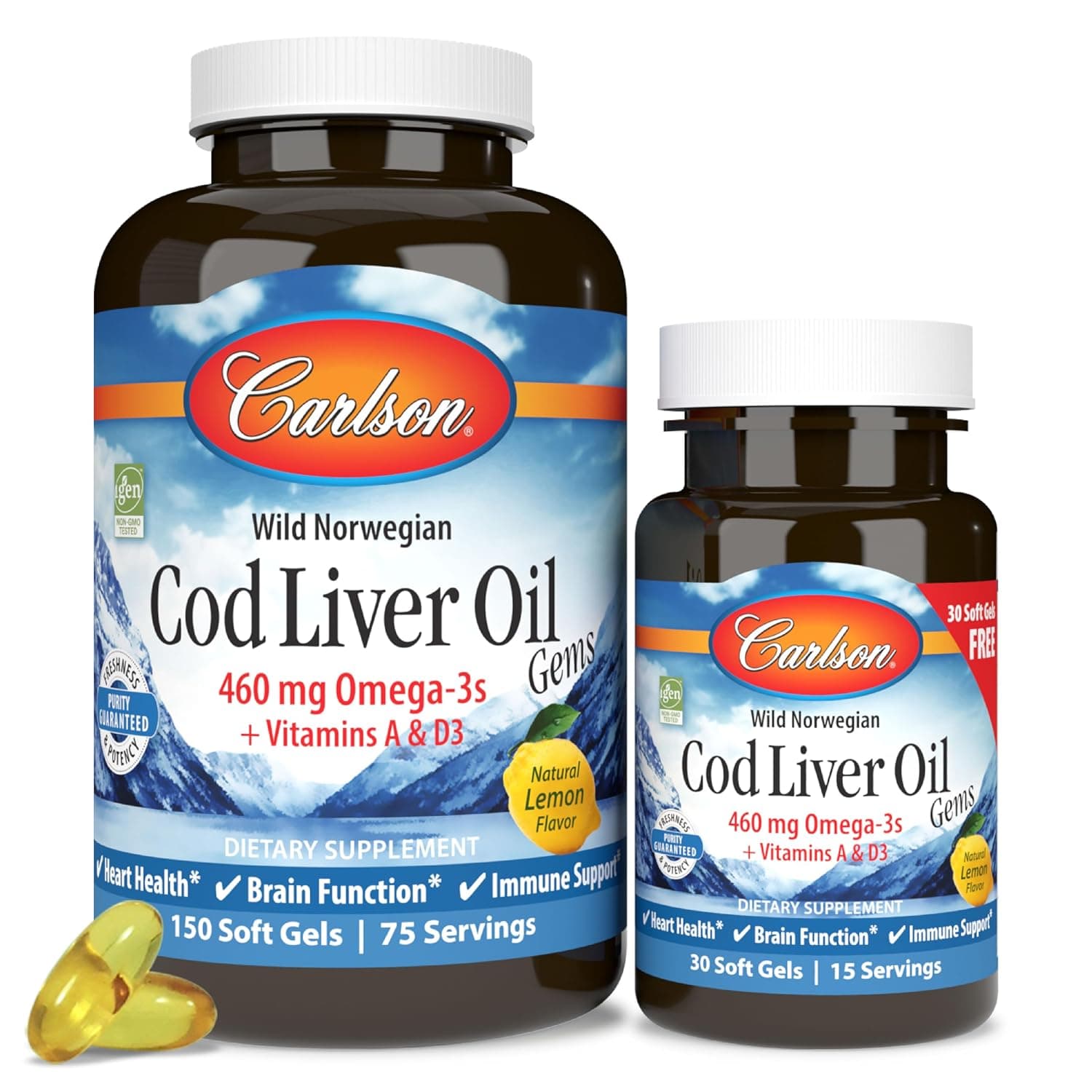 Carlson - Cod Liver Oil Gems, 460 mg Omega-3s, Plus Vitamins A and D3, Wild Caught Norwegian Arctic Cod Liver Oil, Sustainably Sourced Nordic Fish Oil Capsules, Lemon, 150 + 30 Softgels | plus Vitamins A and D3; Wild Caught Norwegian Arctic Cod Liver Oil; Sustainably Sourced Nordic Fish Oil Capsules