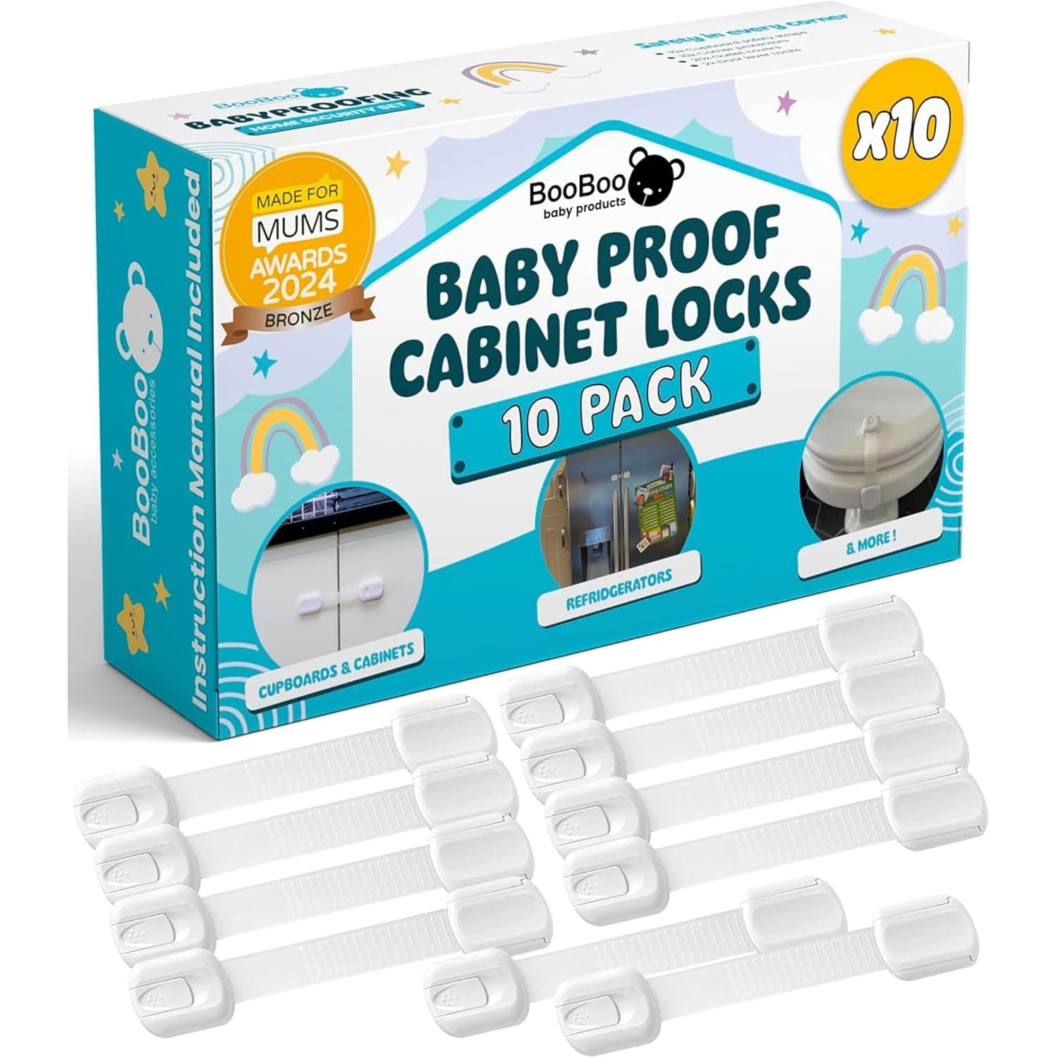 BooBoo Baby (10 PACK) Premium Cabinet Locks Proofing, Child Proof Cabinet Locks with 3M Adhesive, Drawer Locks Proofing Cabinets with No Drilling, 3M Adhesive + 4 Extra Stickers | Child Proof Cabinet Locks, Drawer Locks Baby Proofing Cabinets - No Drilling, Extra Strong Adhesive + 4 Extra Stickers