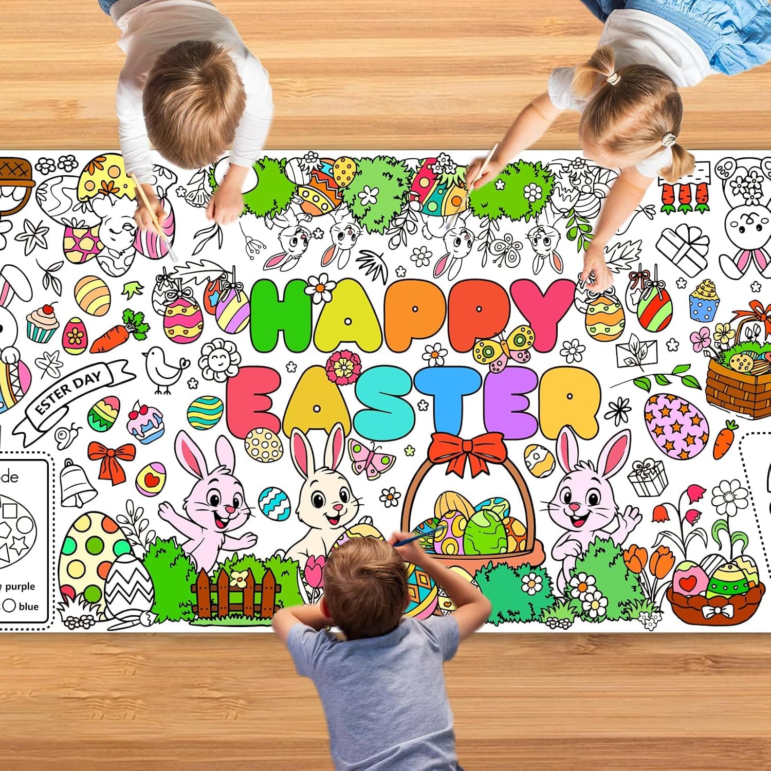 Easter Giant Coloring Poster for Kids,30x72 Inch Happy Easter Crafts Drawing Paper Coloring Tablecloth DIY Art Crafts for Kids Party Bunny Egg Themed Activity Home Classroom Party Suppiles