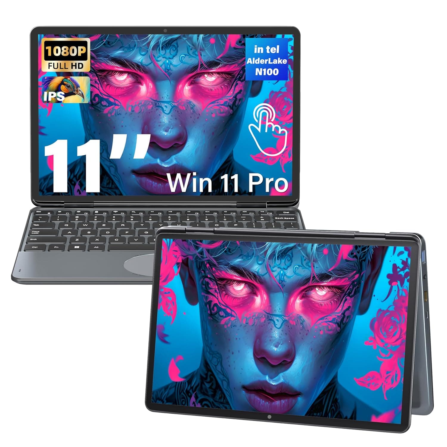 11" Gray 2-in-1 Convertible Touchscreen Laptop, FHD (1920x1200) IPS Display,Celeron N95 Processor, 16GB RAM 256GB SSD, Facial Recognition, HD Camera, Backlit KB, USB-C,Win 11 Pro for Students & Travel