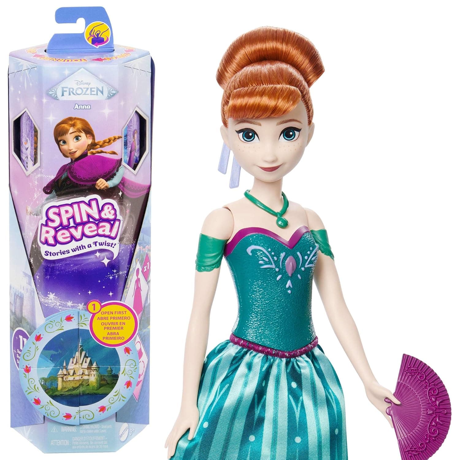 Mattel Disney Frozen Anna Fashion Doll Set Spin & Reveal with 11 Surprises Including 5 Accessories, 5 Stickers and a Play Scene Inspired by Disney Movie JBG60