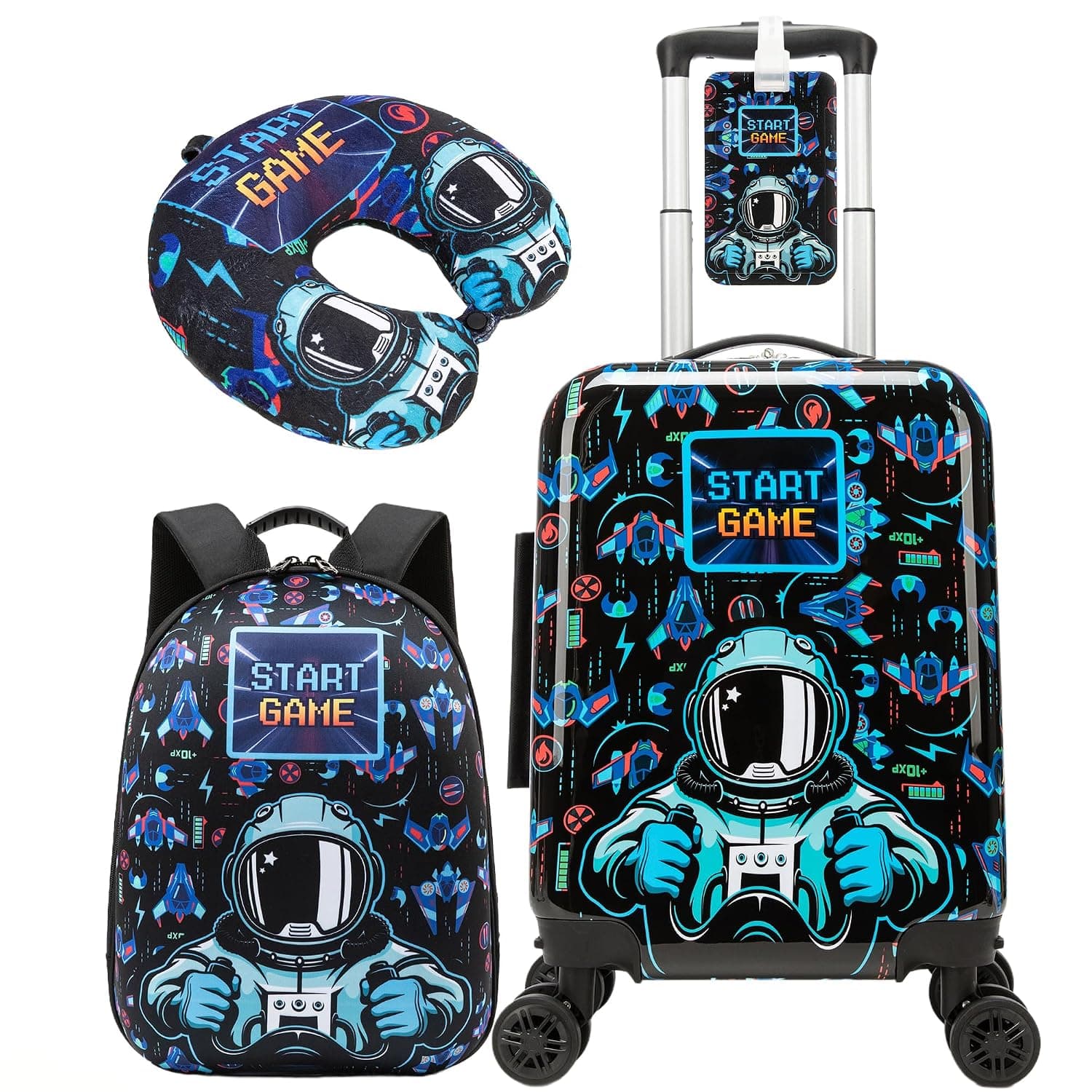 HTgroce Cabin Suitcase for Kids 16" – 3-Piece Luggage Set with Backpack & Neck Pillow – Rigid Hand Luggage with 4 360° Swivel Wheels – Ideal for Airplane & Travel, 16 pouces