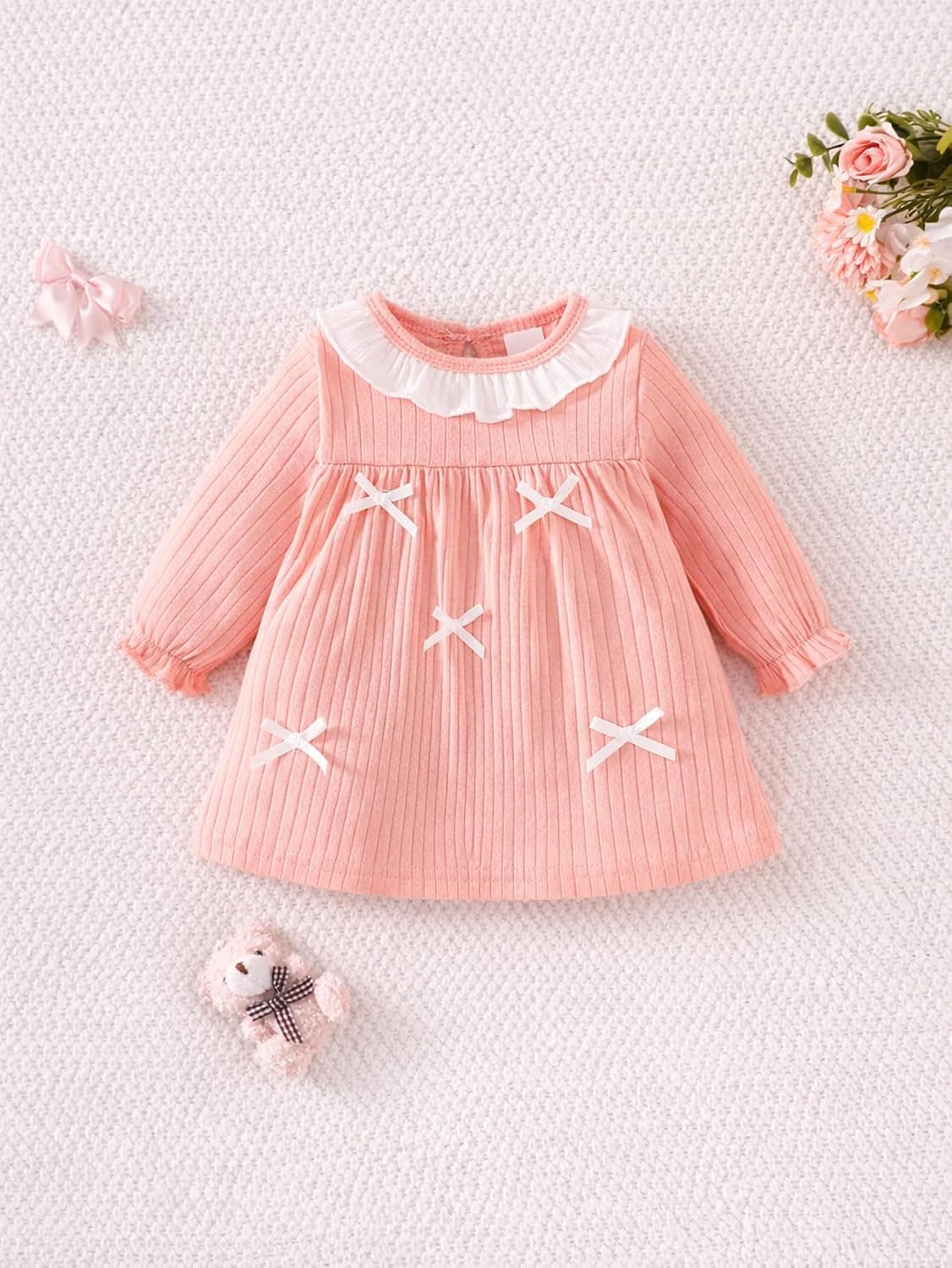 Baby Girl Pink Ribbed Long Sleeve Dress White Ruffle Collar Bows Infant Newborn Fall Outfits A-Line Clothing Set