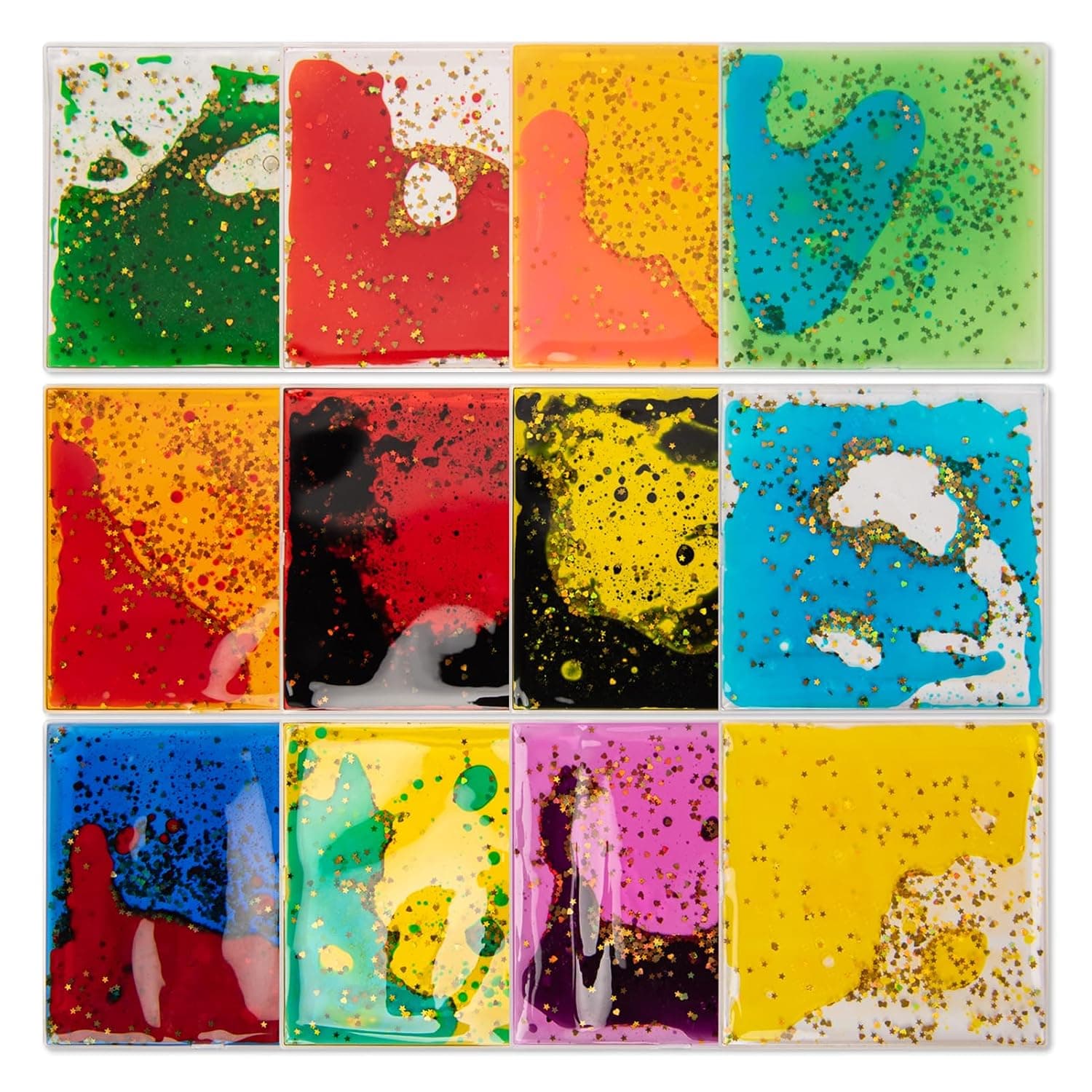 Art3d Square Sensory Fidget Multicolor Liquid Motion Tiles, 6" x 6", 12-Pack | Lightweight, Boost Focus, Relieve Anxiety, Eco-Friendly, Varied Colors & Shapes, Suitable for Kids, Teens