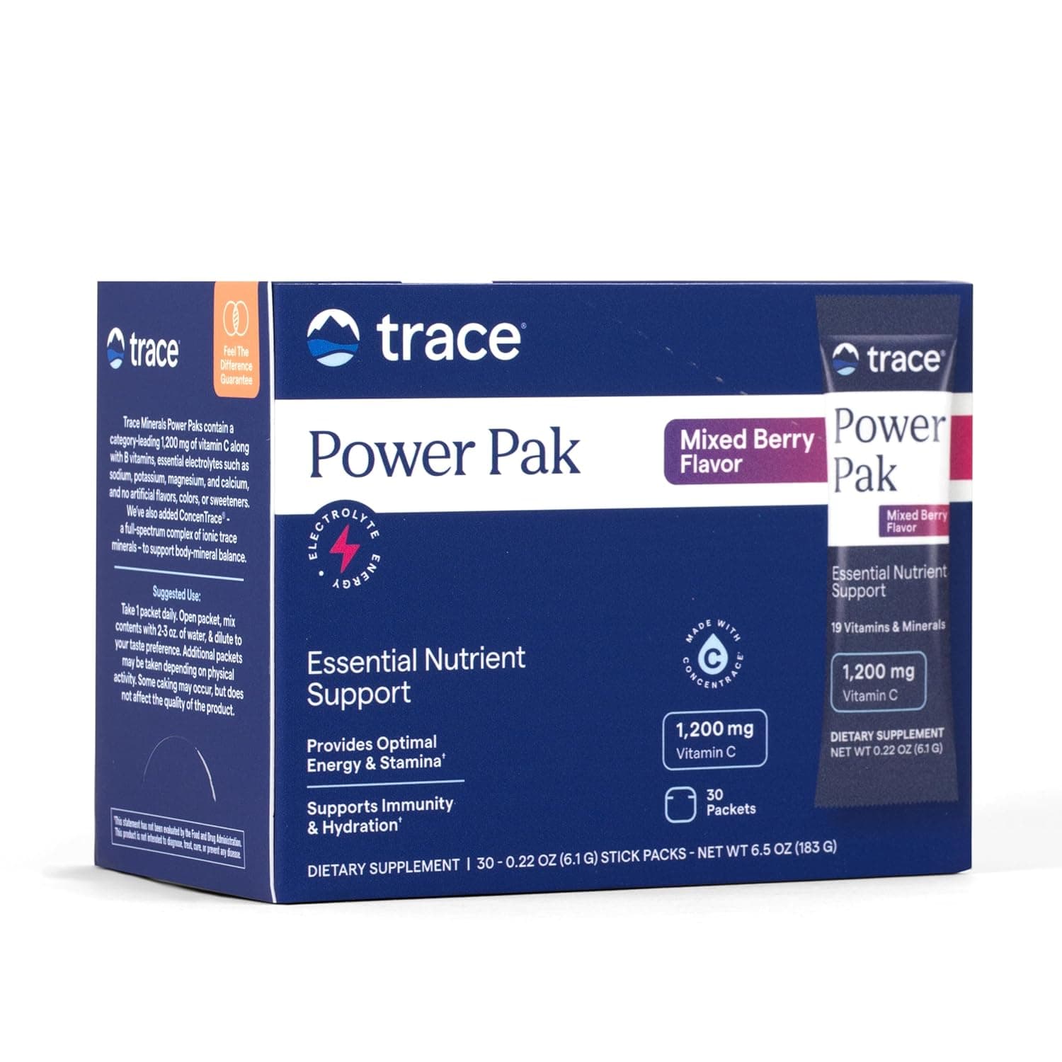 Trace Minerals Research Electrolyte Stamina Power Pak, Mixed Berry, Pack of 30,0.25oz (7g) | 1200 mg Vitamin C plus Zinc, Immunity and endurance support, Sugar free, No artificial dyes, Keto friendly