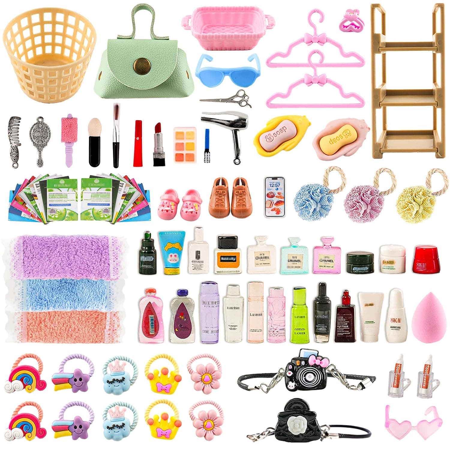 93PCS Miniature Dollhouse Accessories Dollhouse Bathroom and Makeup Set with Towel Toothbrush Shampoo Toiletries Mini Perfume Shoes Backpack for Girl Micro Scene