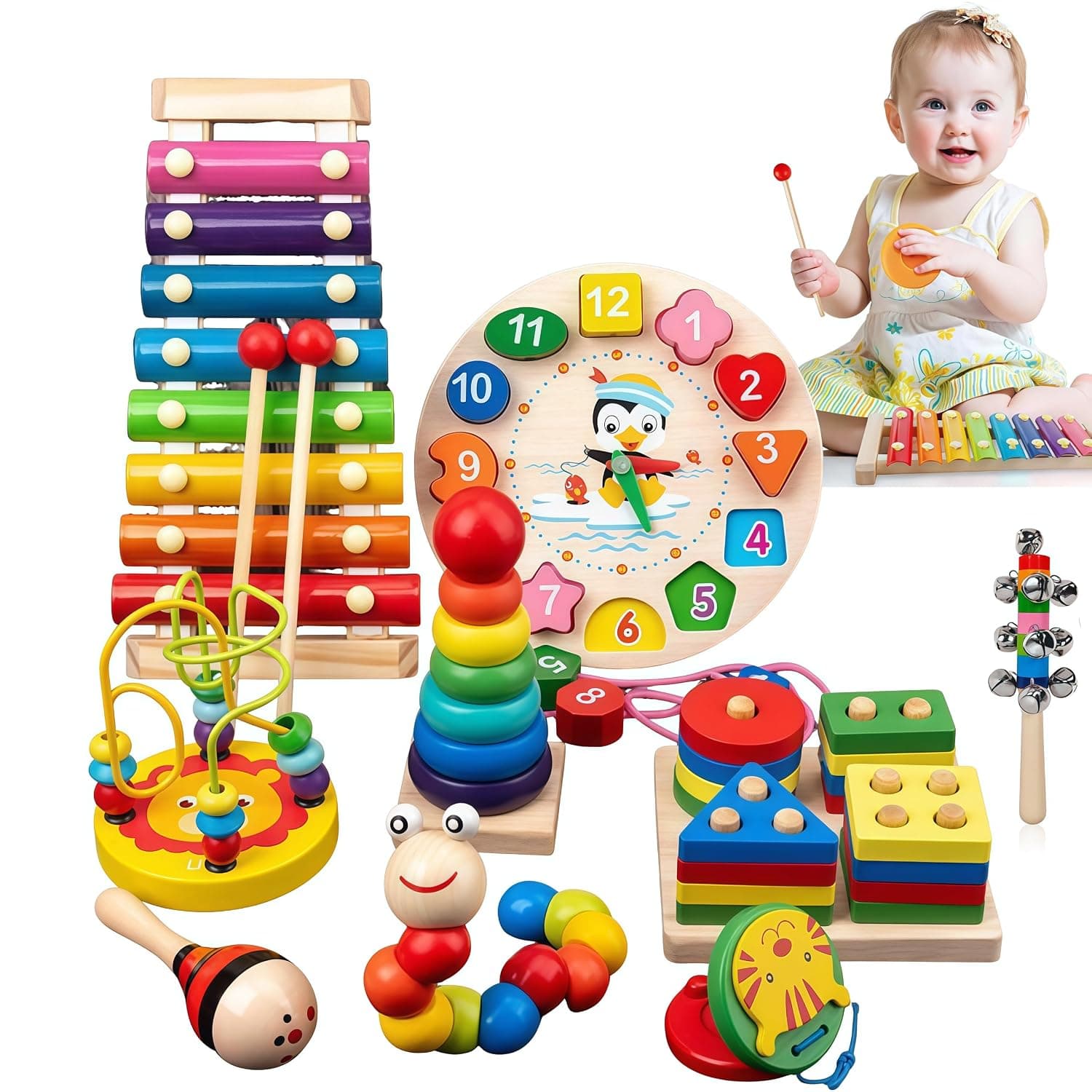 Montessori Wooden Baby Toys Set for 3 Year Old, 9-in-1 Educational Toddler Toys with Xylophone, Rattles, Shape Sorter, Stacking Rings, Bead Maze, Early Learning Sensory Toys, Gift for Boys Girls