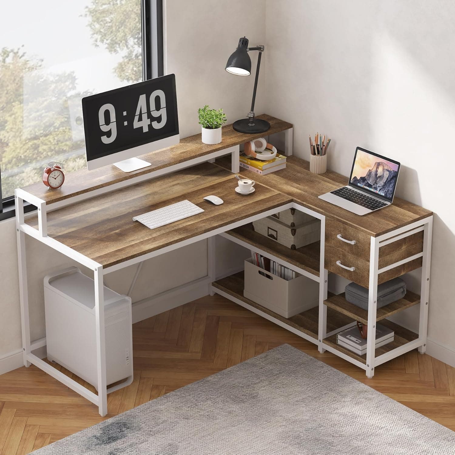 Tribesigns L Shaped Desk with Drawers and Storage Shelves, Corner Home Office Desk with Monitor Stand, 140CM x 60CM Desktop Computer Table, Gaming Study for Small Space (Oak)