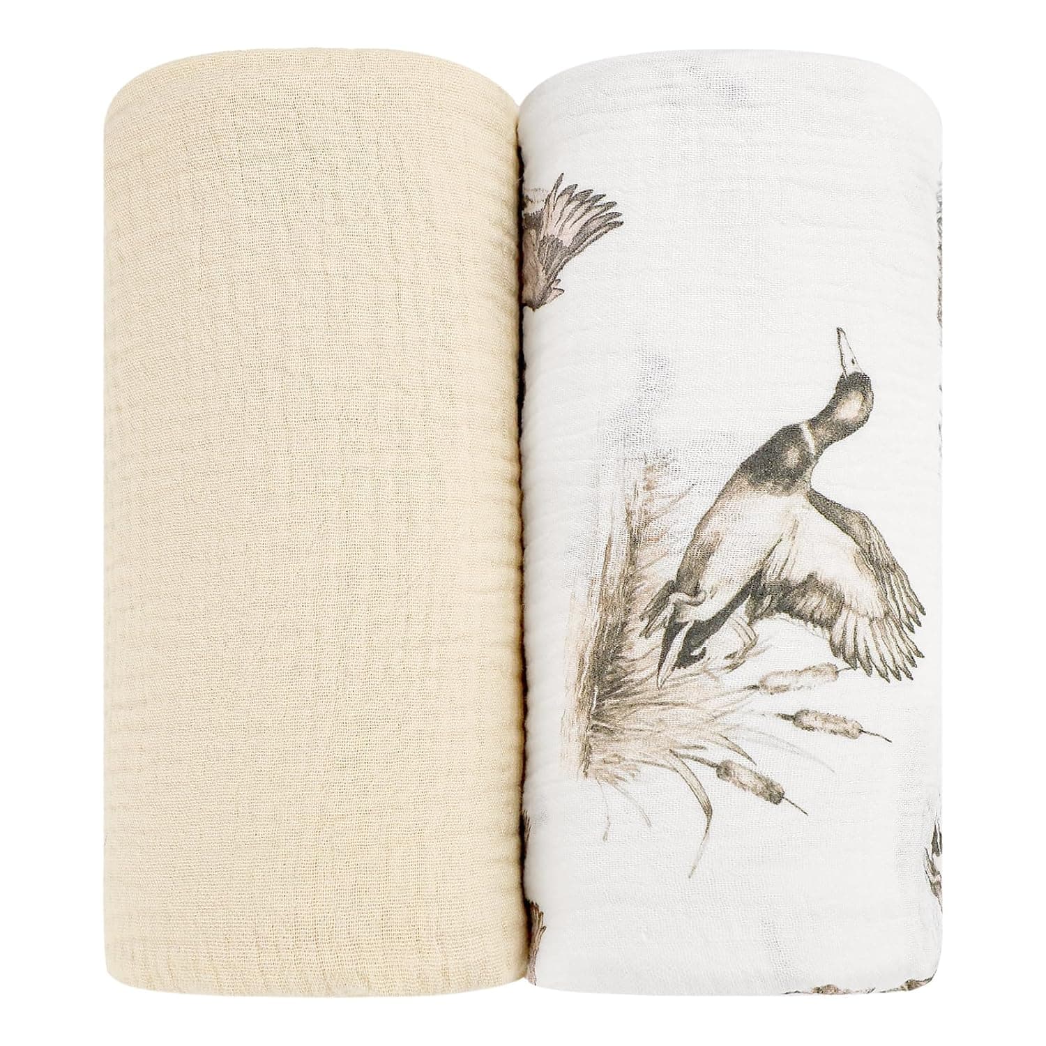 Muslin Swaddle Blankets for Girls Boys 2 Pack, Duck & Beige | Soft & Breathable 100% Cotton Receiving Baby Blanket 40"x38"