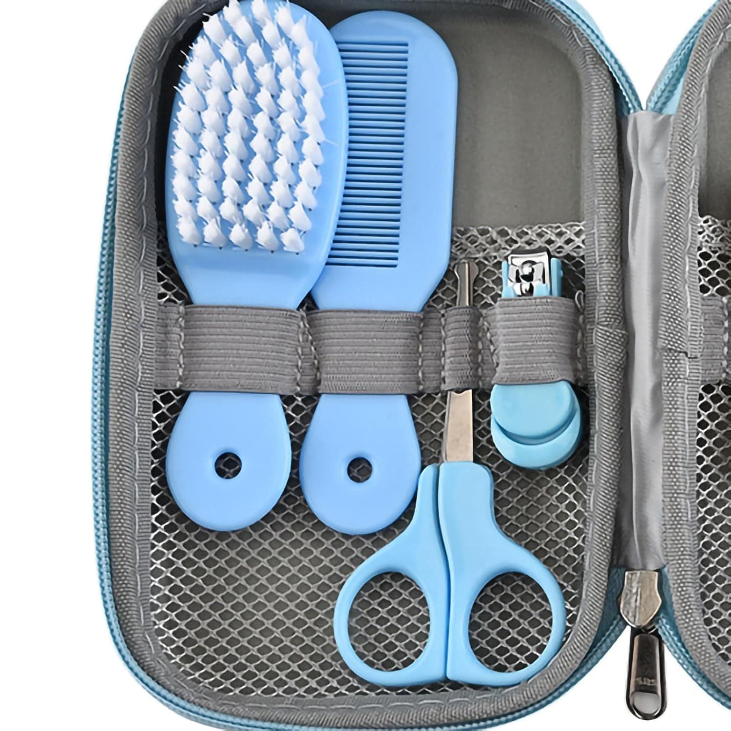 SENECESLI Baby Grooming Kit, Essential Newborn Care Set with Hair Brush Nail Clipper Nose Cleaner Finger Toothbrush for Infant Healthcare and Nursery, Portable Zippered Organizer Box/Cover (Blue)