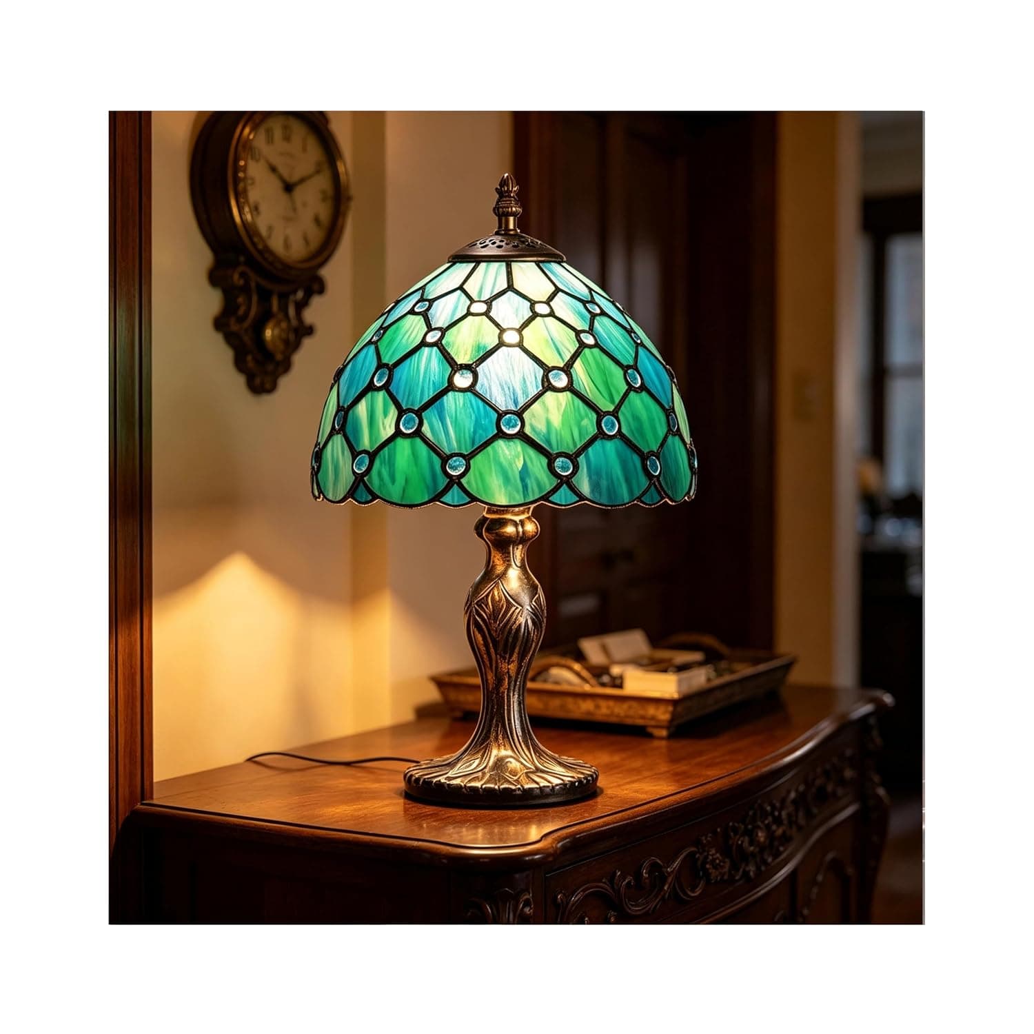 Stained Style Table Lamp, Vintage Table Lamp, Handcraft, Stained Glass Lampshade, Table Lamps for Bedroom, Bedroom, Study, Office (Green Pearl)