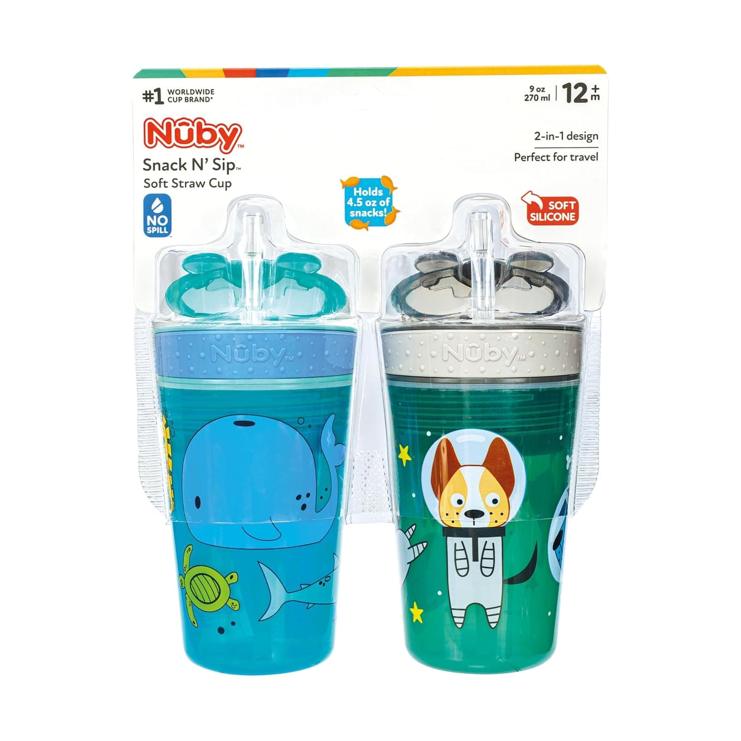 NUBY All in One Snack Bowl and No Spill Soft Straw Cup - 2 Pack Aqua Ocean Animals & Green Puppy Dogs - Snack N' Sip, Holds: 4.5 oz Container with Lid and 9 oz/ 270 ml Straw Cup (12 Months +)