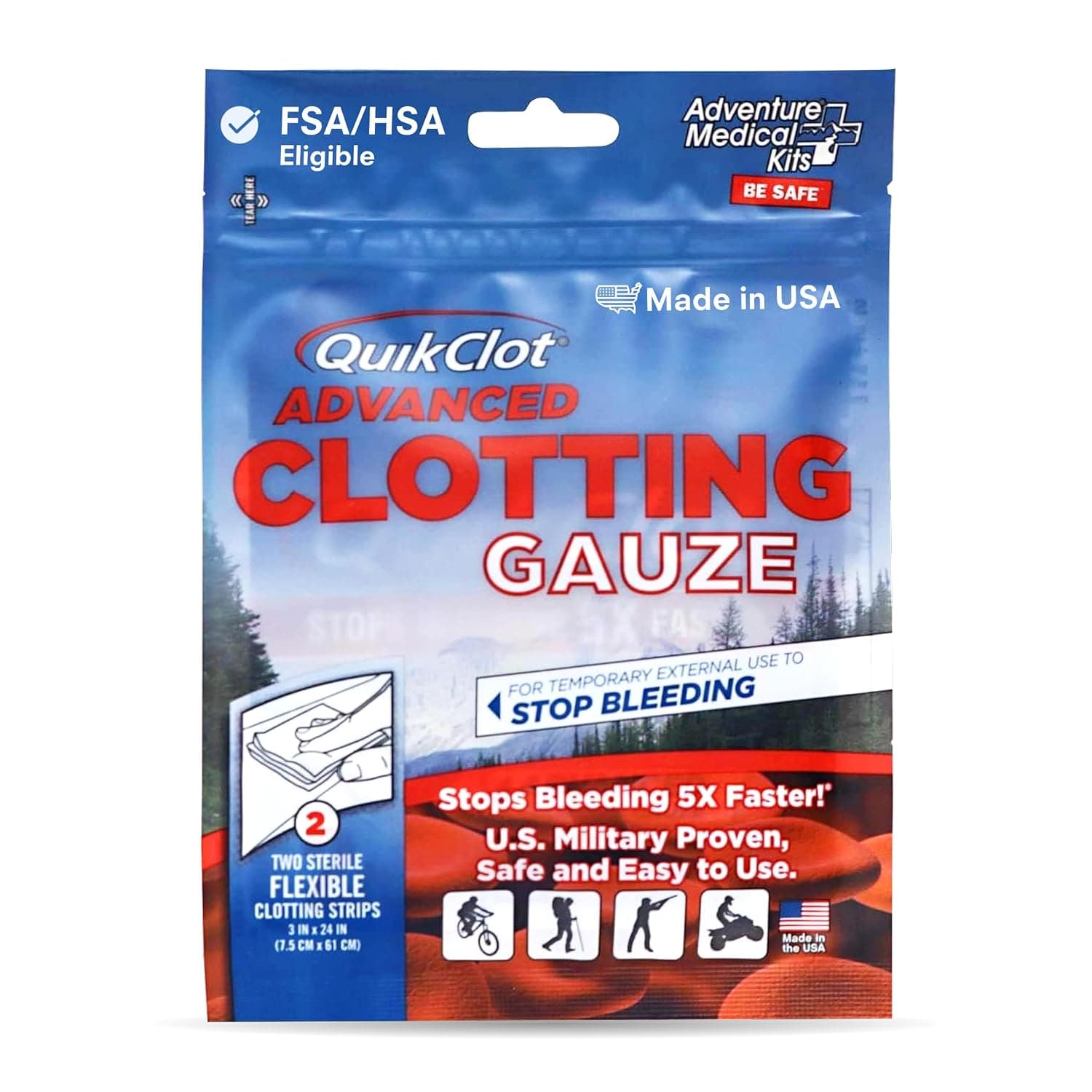 Adventure Medical Kits QuikClot Gauze - Flexible Hemostatic Medical Gauze for Emergency Survival or Disaster Preparedness Kits & More - Stops Bleeding Fast with Kaolin - 3" x 24" (2 Strips) | Stops Bleeding Up to 5X Faster Than Standard Gauze with Kaolin Hemostatic Technology Trusted by Medical Professionals