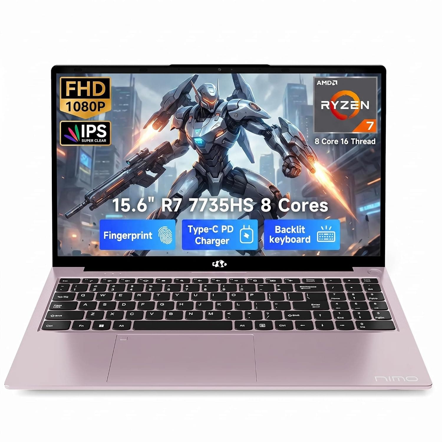 NIMO Gaming Laptop 15.6", Ryzen 7 7735HS (Boost 4.75GHz), 32GB DDR5 RAM, 1TB PCIe 4.0 SSD, 11 Home, 1080P FHD Display, Backlit Keyboard, 100W PD Fast Charge, 2x Full-Function USB-C