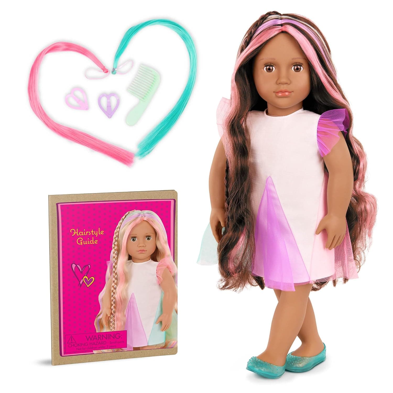 Our Generation 18-inch Hair Grow Doll - Extendable Braid & Styling Accessories - Pretend Play - Toys for Kids Ages 3 Years Old & Up - Tania from Hair to There | From Hair to There doll with 2 hair extensions, 2 heart clips, comb, and styling guide booklet with 4 looks, Tania, 3+ Years
