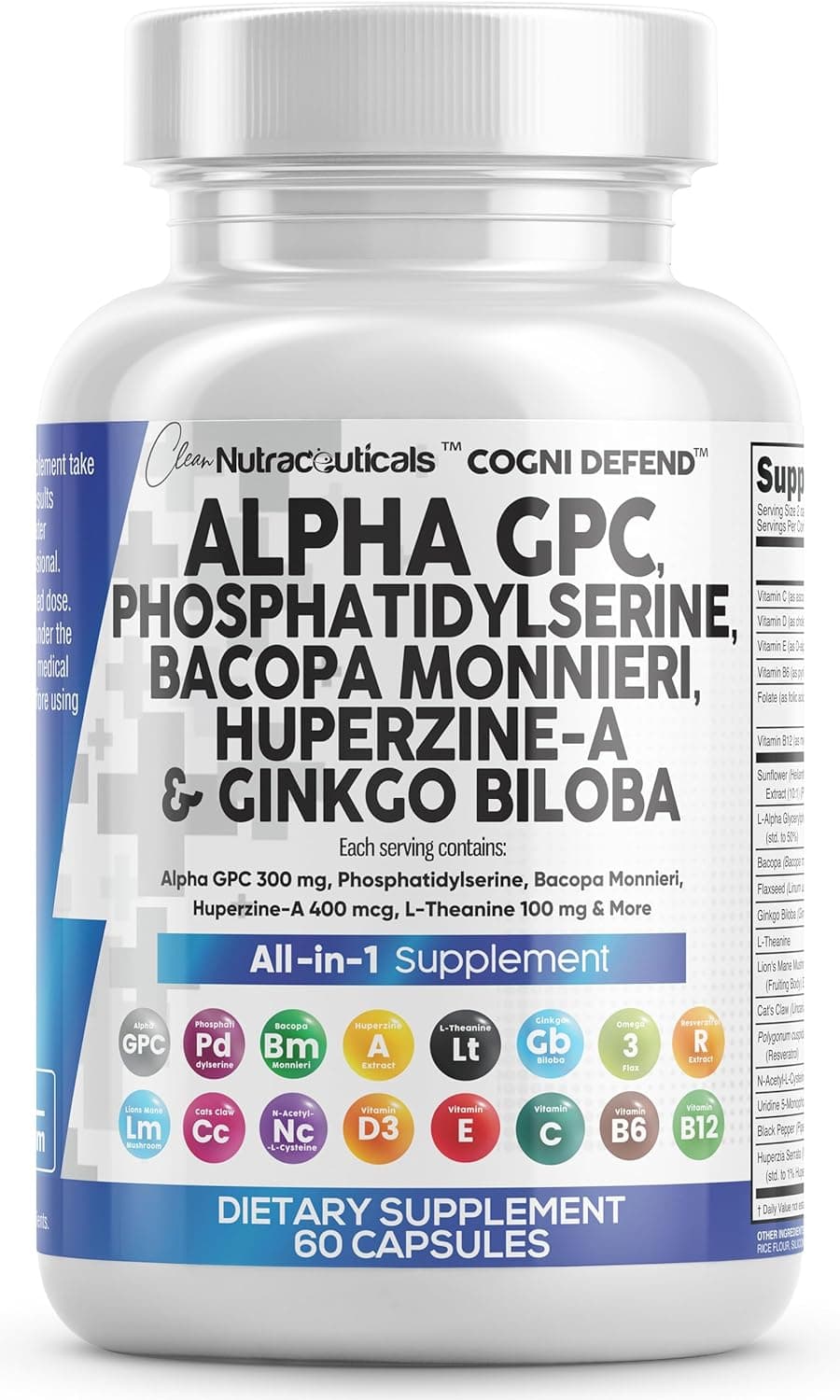 Clean Nutraceuticals Alpha GPC Choline 300mg Phosphatidylserine 3000mg Bacopa Monnieri 6000mg Ginkgo Biloba 2000mg Huperzine A 400mcg Supplement with Urdine Lions Mane Cats Claw NAC Vitamin C B D E