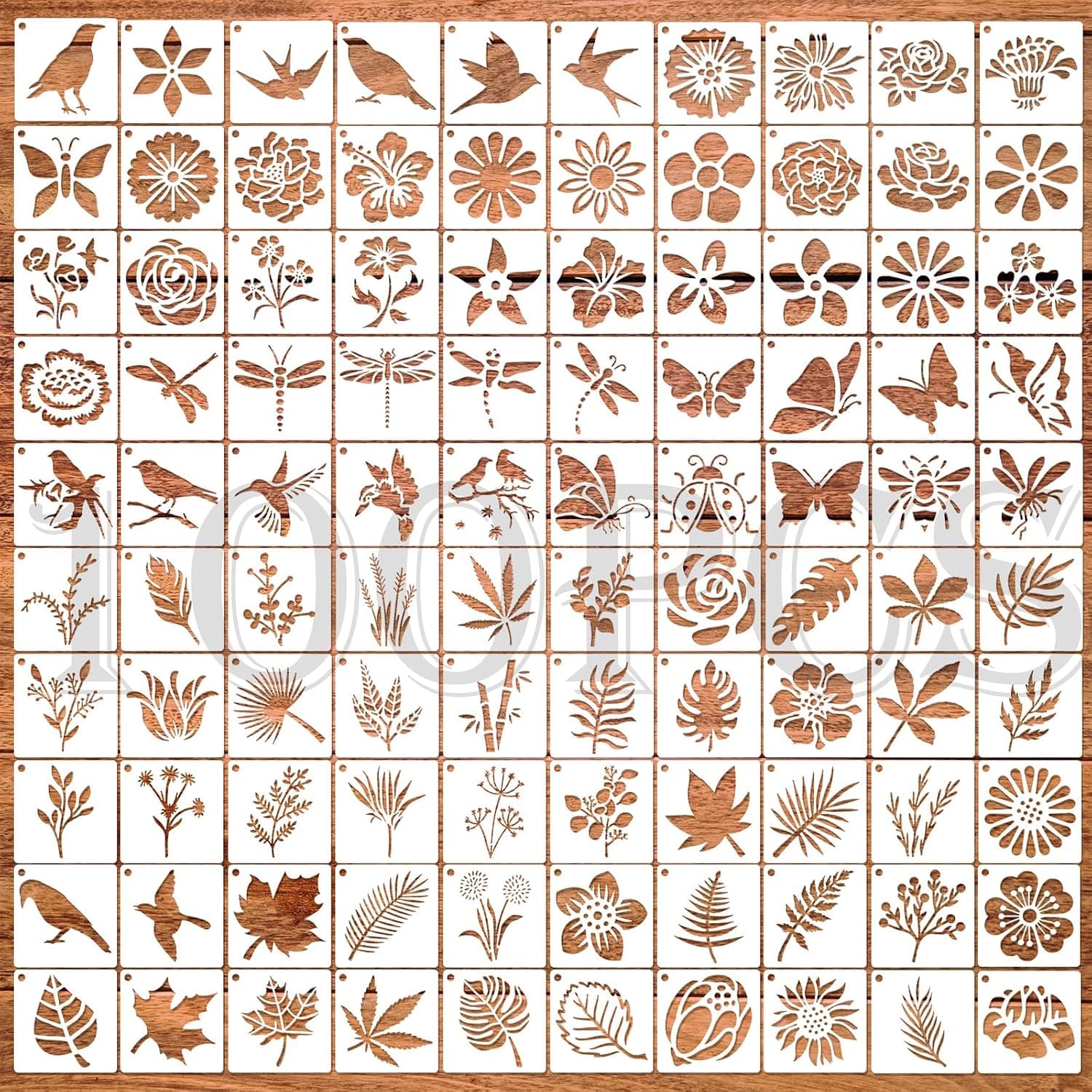 OOTSR 100PCS Stencils for Crafts Reusable,Animal Painting Drawing Templates Flower and Leaf DIY Crafts for Wood Wall Home Decor(5 * 5CM)
