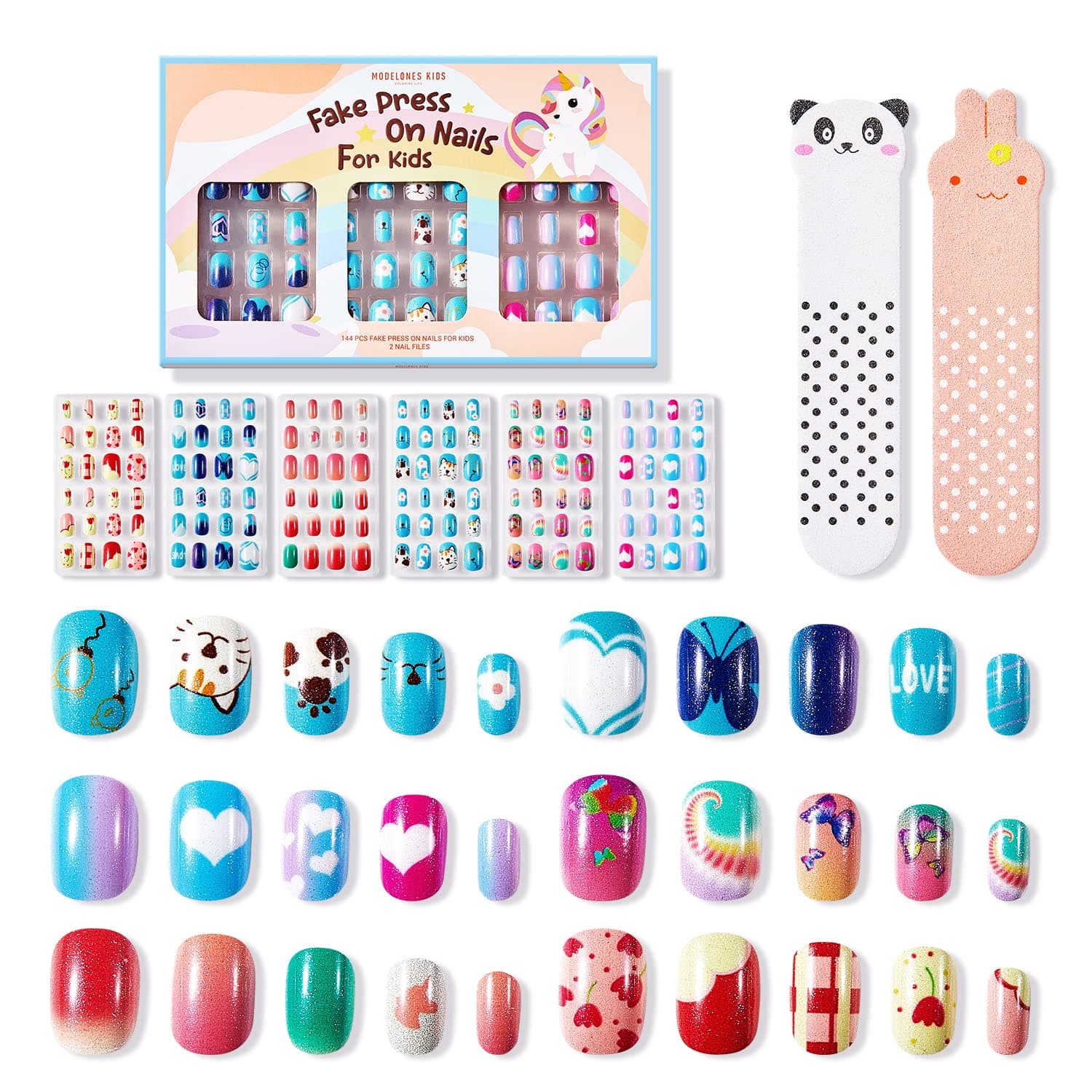 Modelones Press on Nails for Kids 144Pcs 6 Pack Children Acrylic Fake Nails Pre-glue Full Cover Glitter Gradient Color Heart Cat Short False Nail Art Kits Sets Christmas Gifts for Kids Girls | Children Acrylic Fake Nails Pre-glue Full Cover Glitter Color Heart Cat Short False Nail Art Kits Sets Gifts for Girls