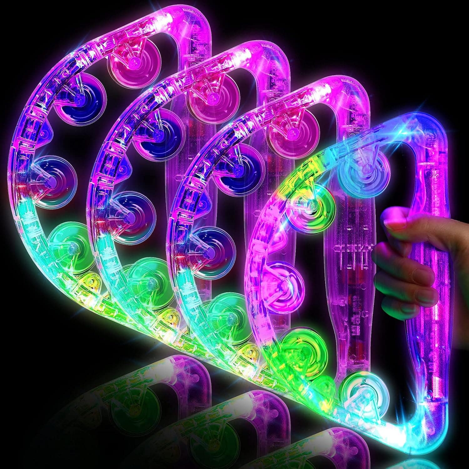 Light Up Tambourine, LED Tambourine Musical Flashing Tambourine Handheld Percussion Instrument, Ring Metal Jingles Percussion Musical Educational Hand Instrument, Party Kids Games (4 PCS)